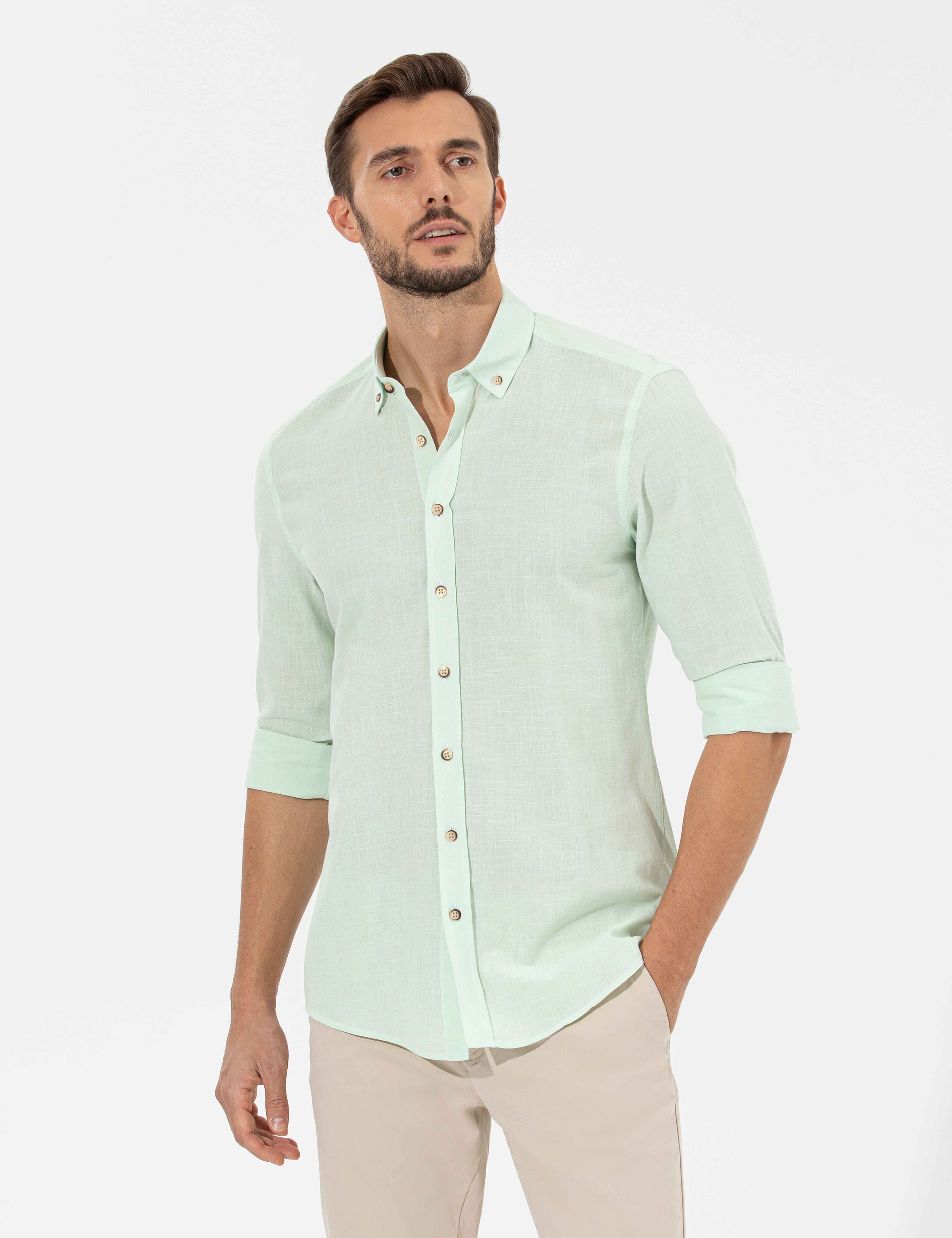 Yeşil Slim Fit Uzun Kollu Gömlek - Image 1