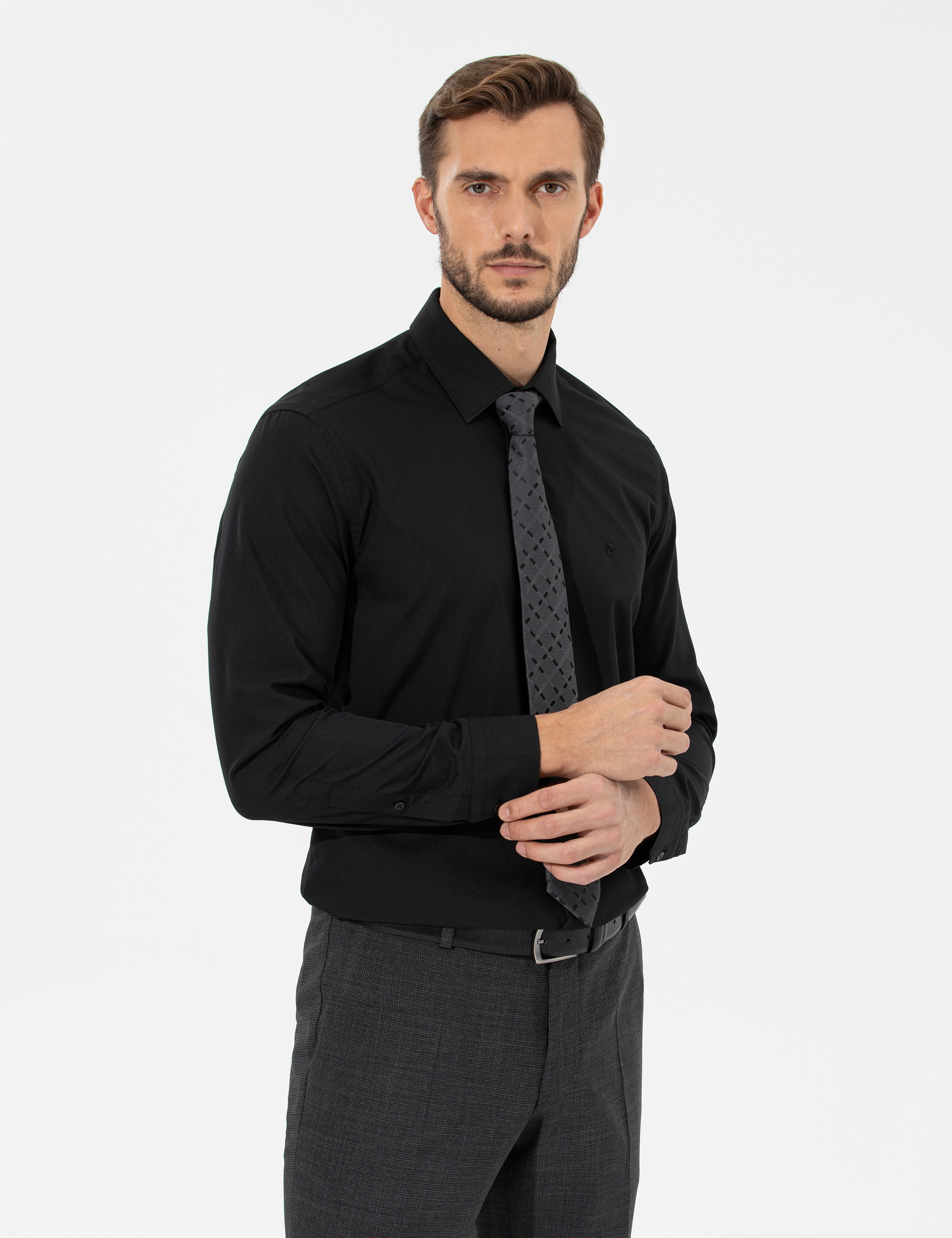 Siyah Regular Fit Uzun Kollu Klasik Gömlek - Image 4
