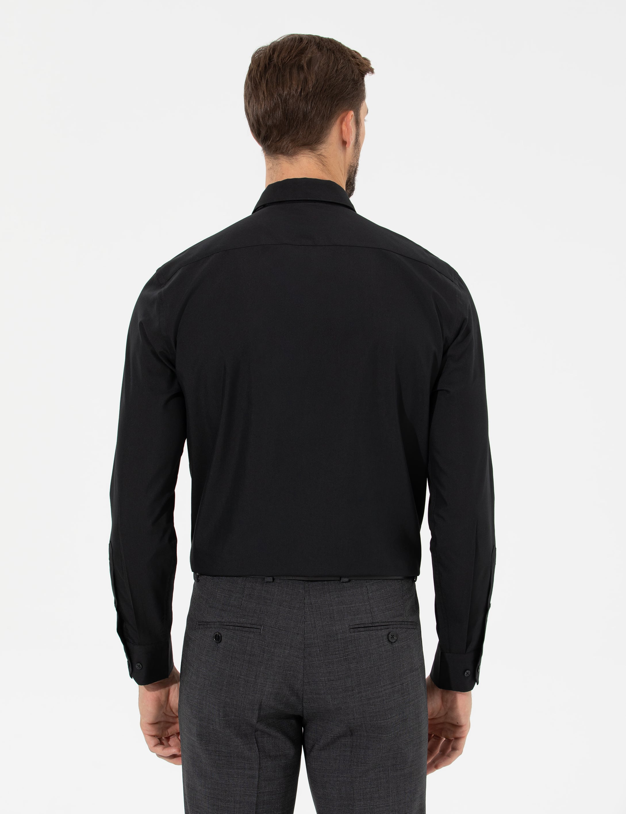 Siyah Regular Fit Uzun Kollu Klasik Gömlek - Image 5