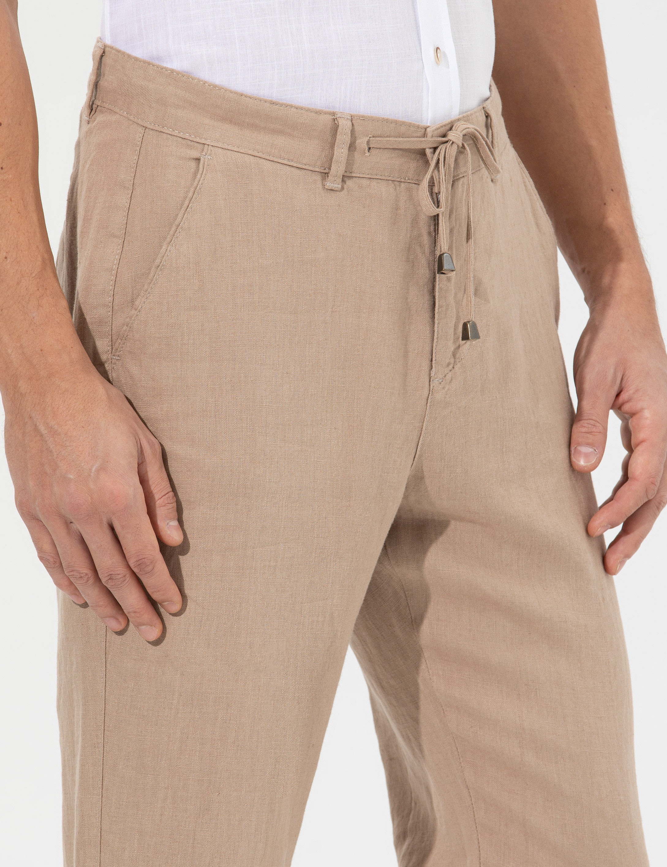Açık Kahverengi Carrot Fit %100 Keten Chino Pantolon