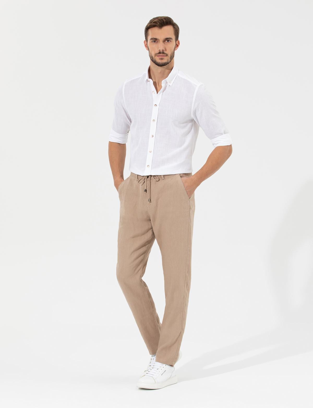 Açık Kahverengi Carrot Fit %100 Keten Chino Pantolon