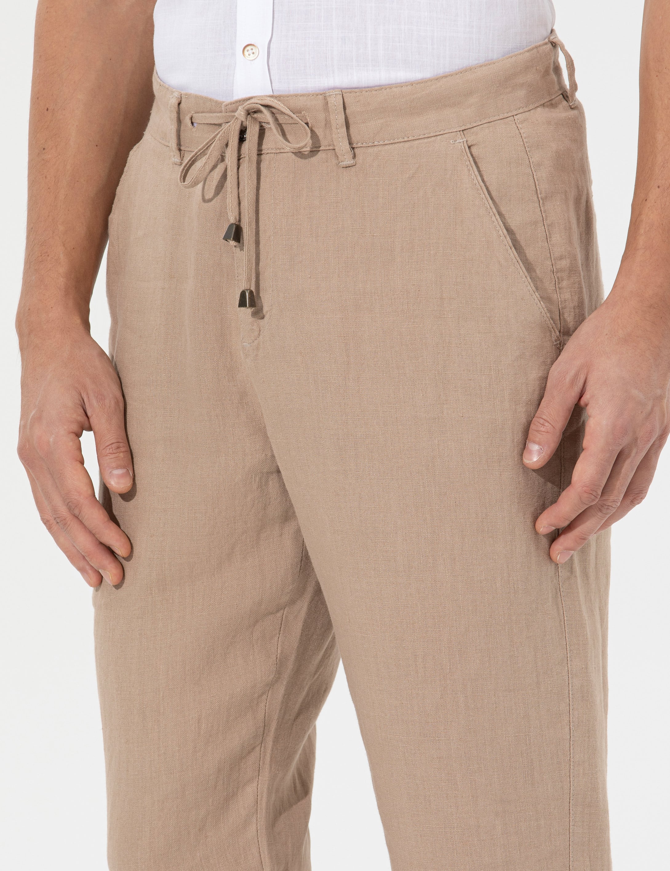 Açık Kahverengi Carrot Fit %100 Keten Chino Pantolon - Image 5
