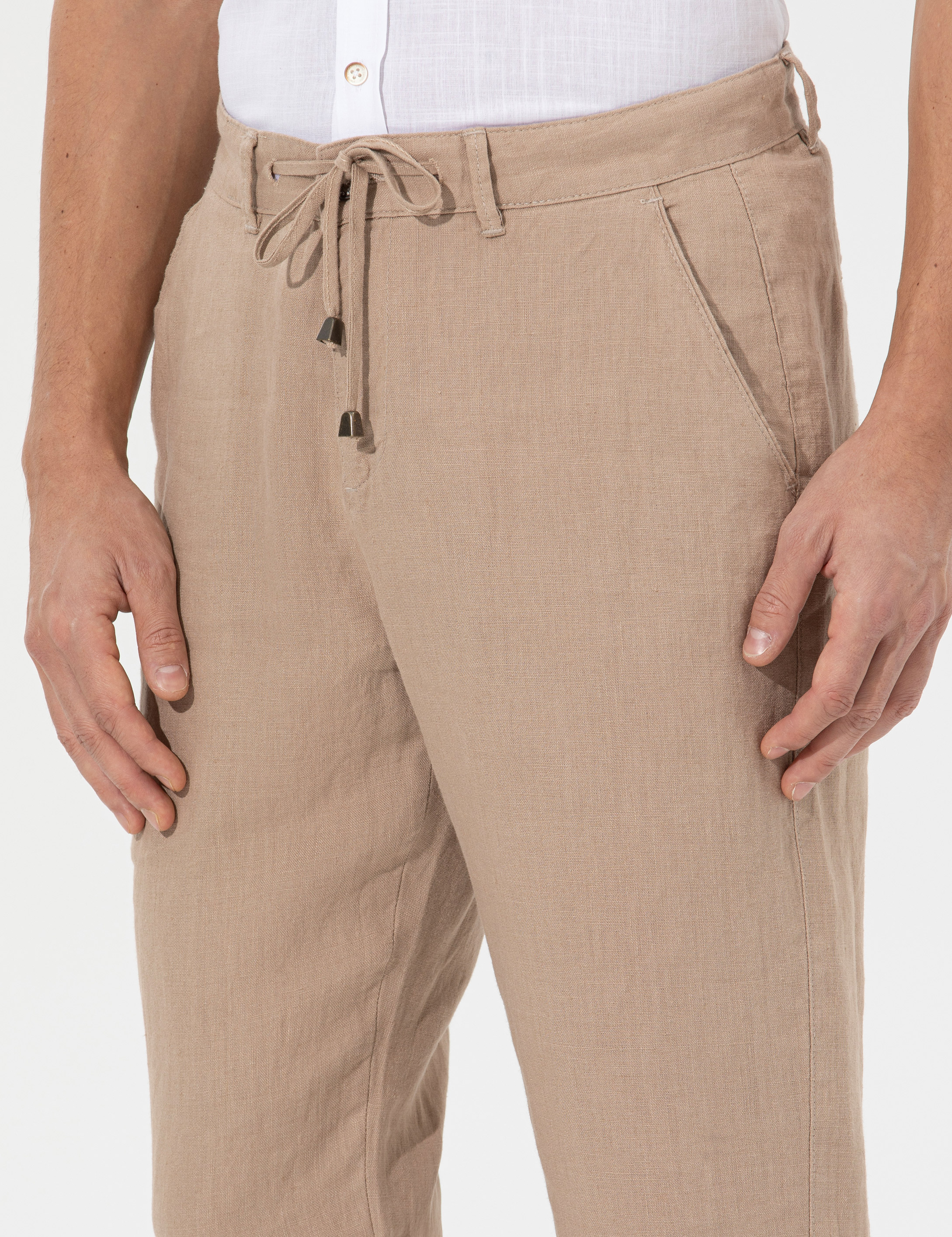Açık Kahverengi Carrot Fit %100 Keten Chino Pantolon