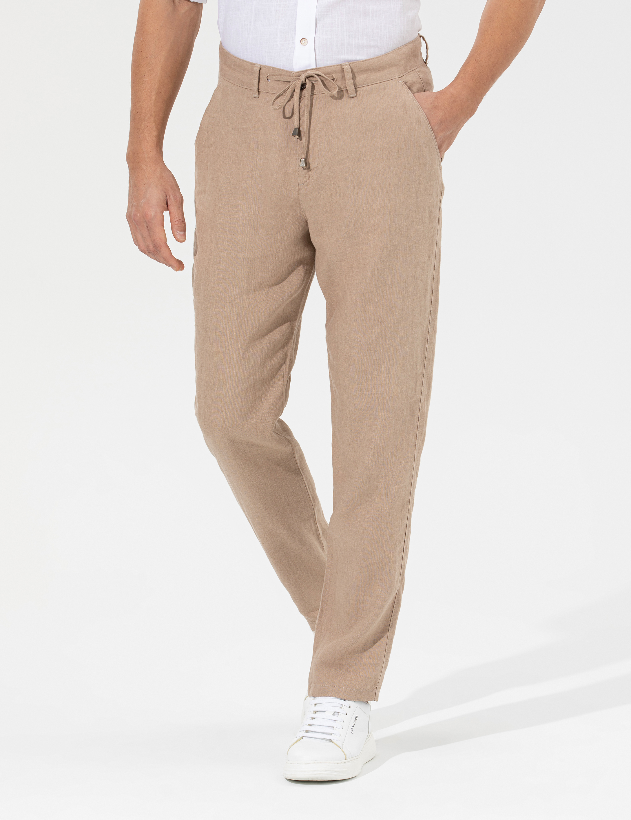 Açık Kahverengi Carrot Fit %100 Keten Chino Pantolon - Image 2