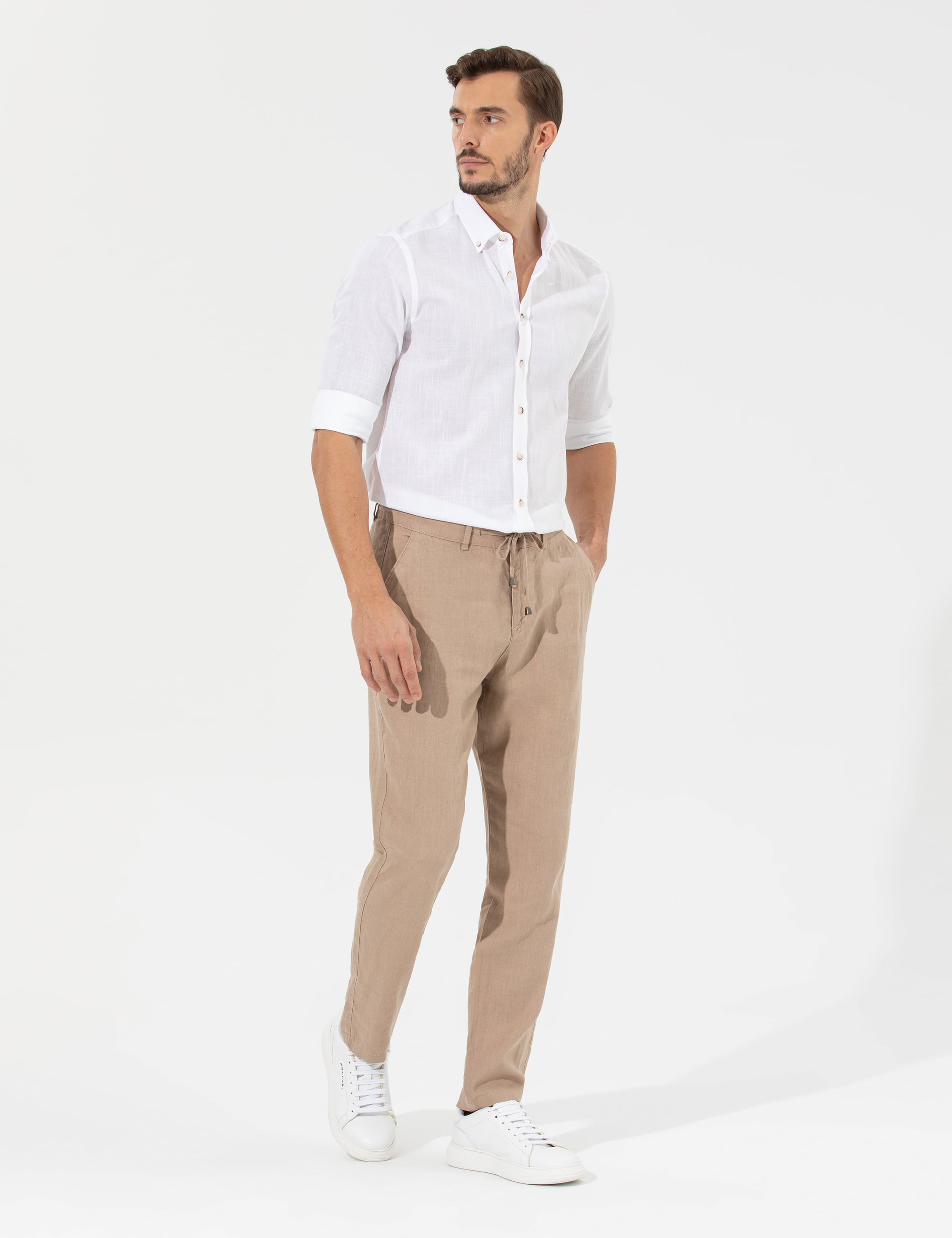 Açık Kahverengi Carrot Fit %100 Keten Chino Pantolon