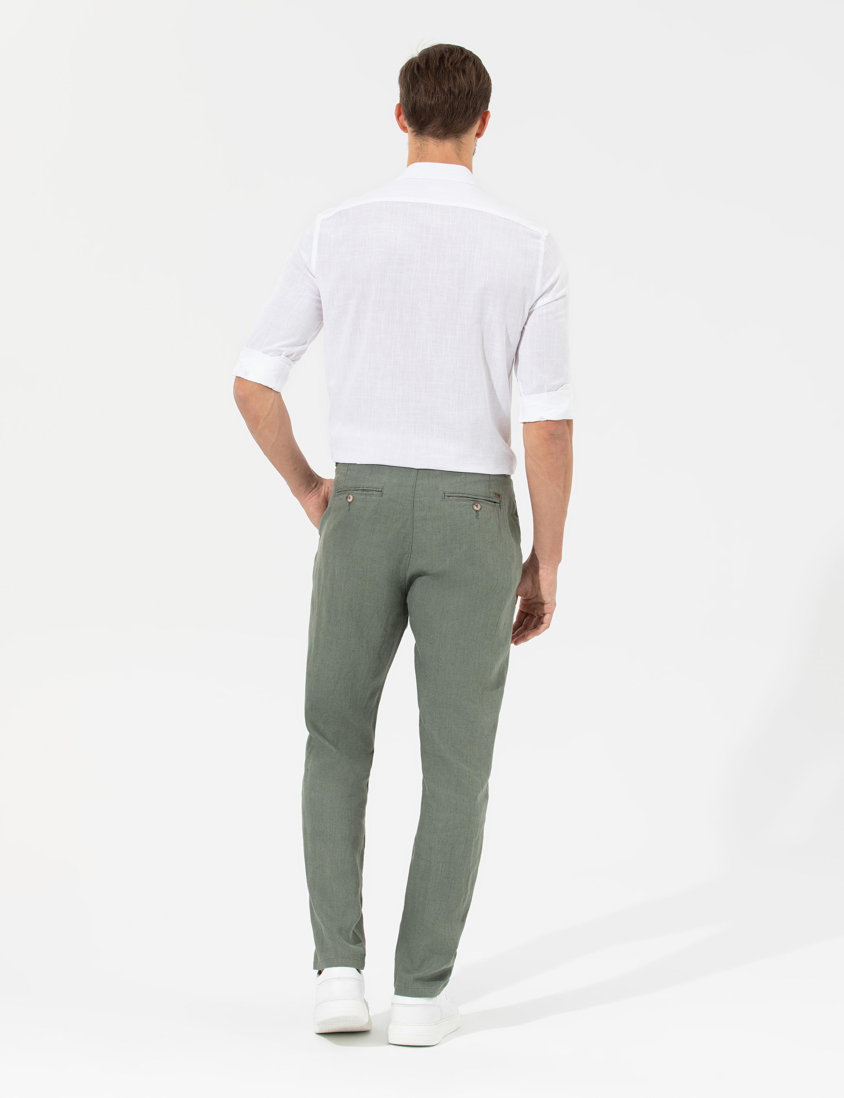 Haki Carrot Fit %100 Keten Chino Pantolon