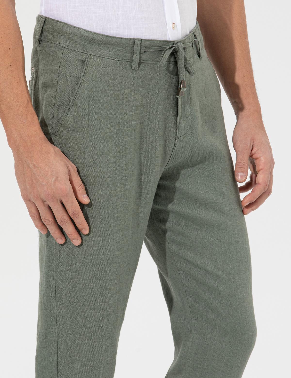 Haki Carrot Fit %100 Keten Chino Pantolon - 50268038213