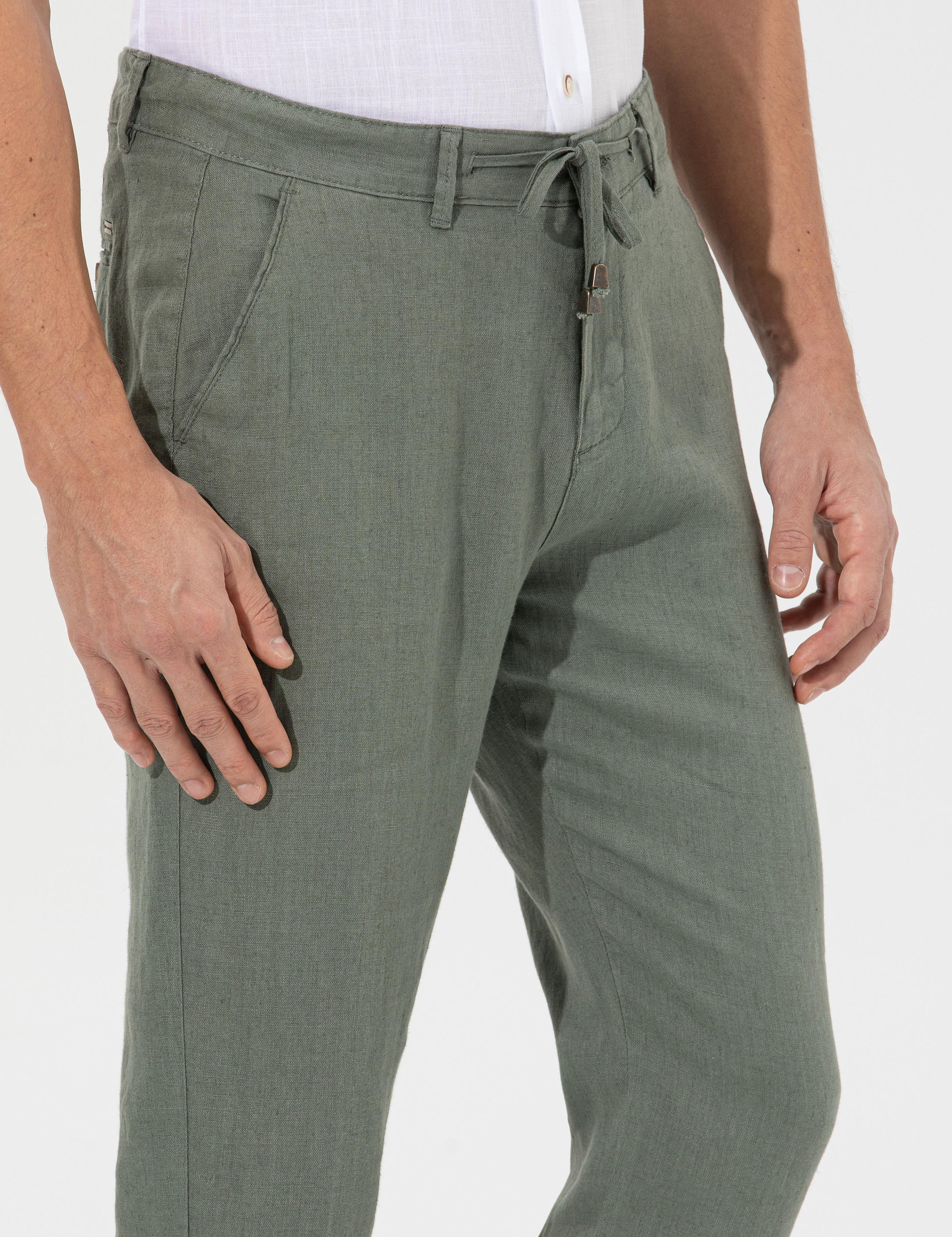 Haki Carrot Fit %100 Keten Chino Pantolon