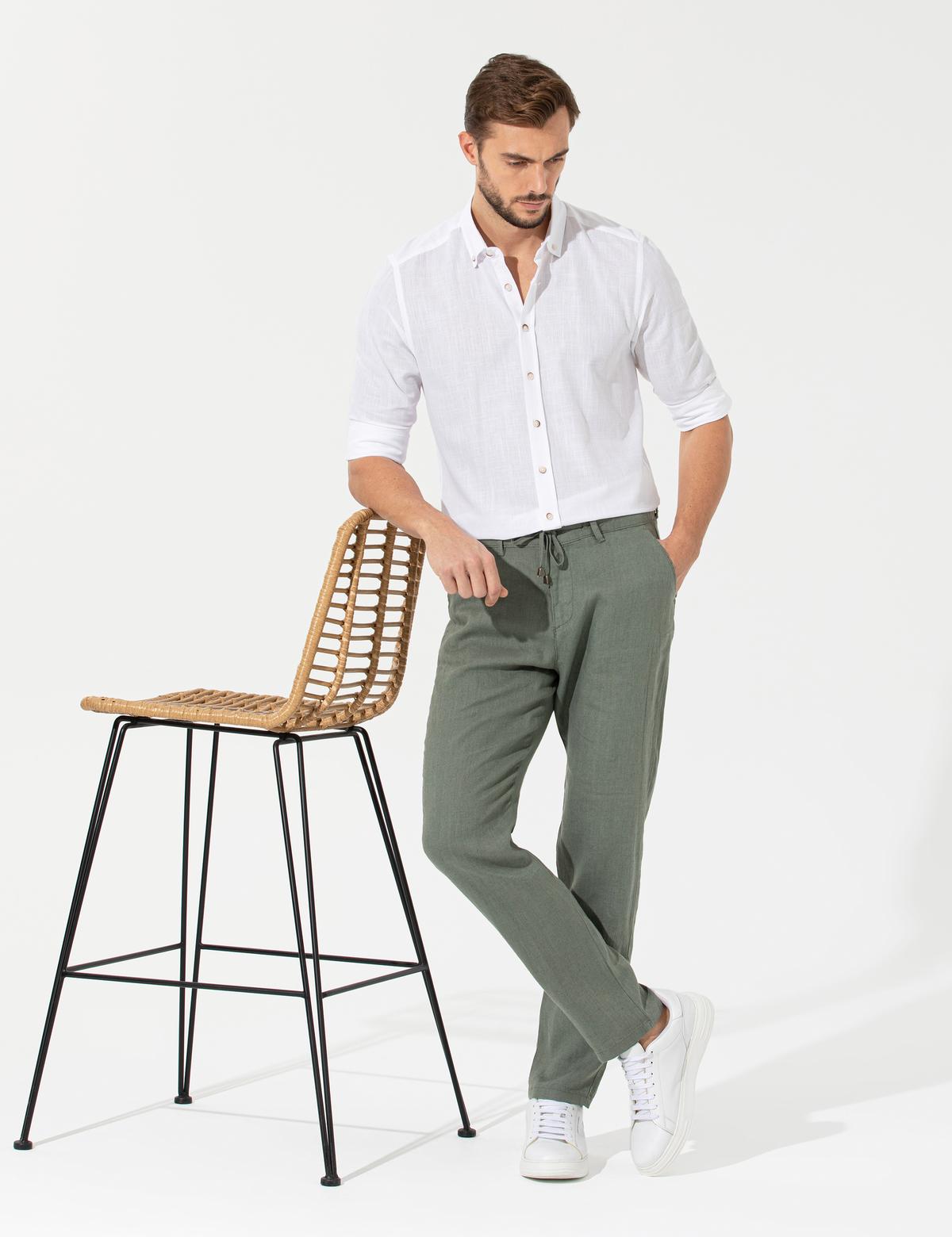 Haki Carrot Fit %100 Keten Chino Pantolon