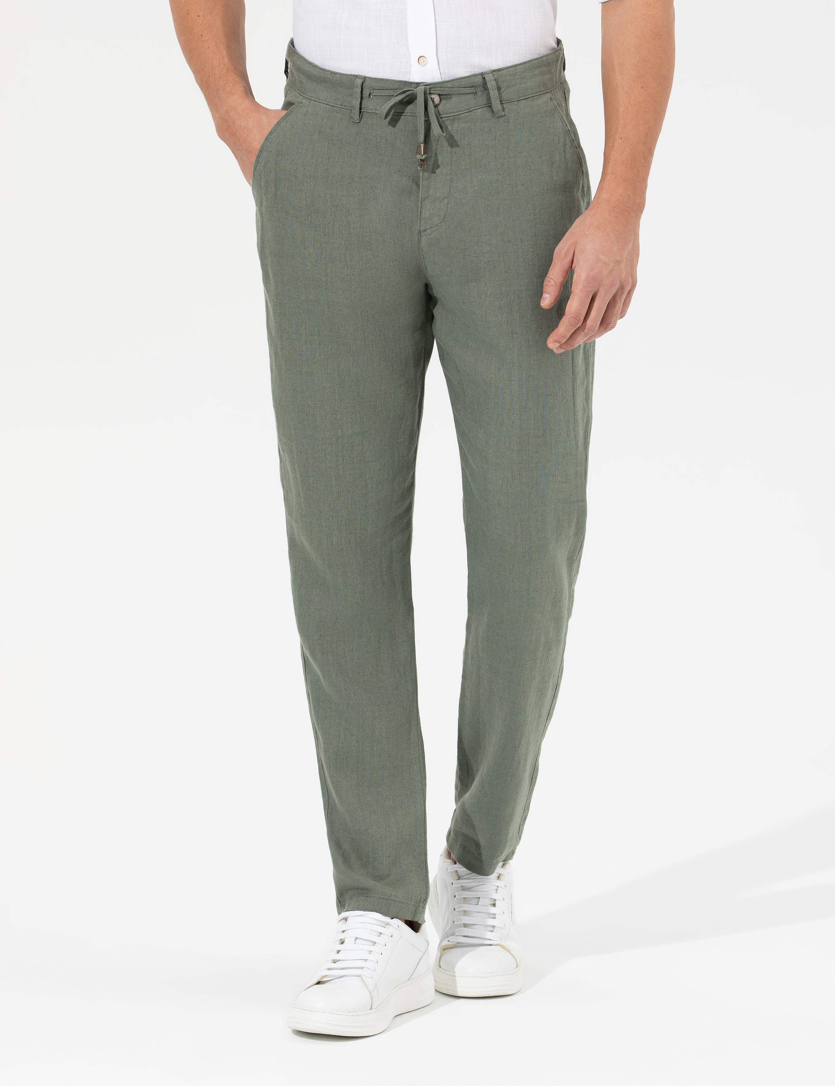 Haki Carrot Fit %100 Keten Chino Pantolon