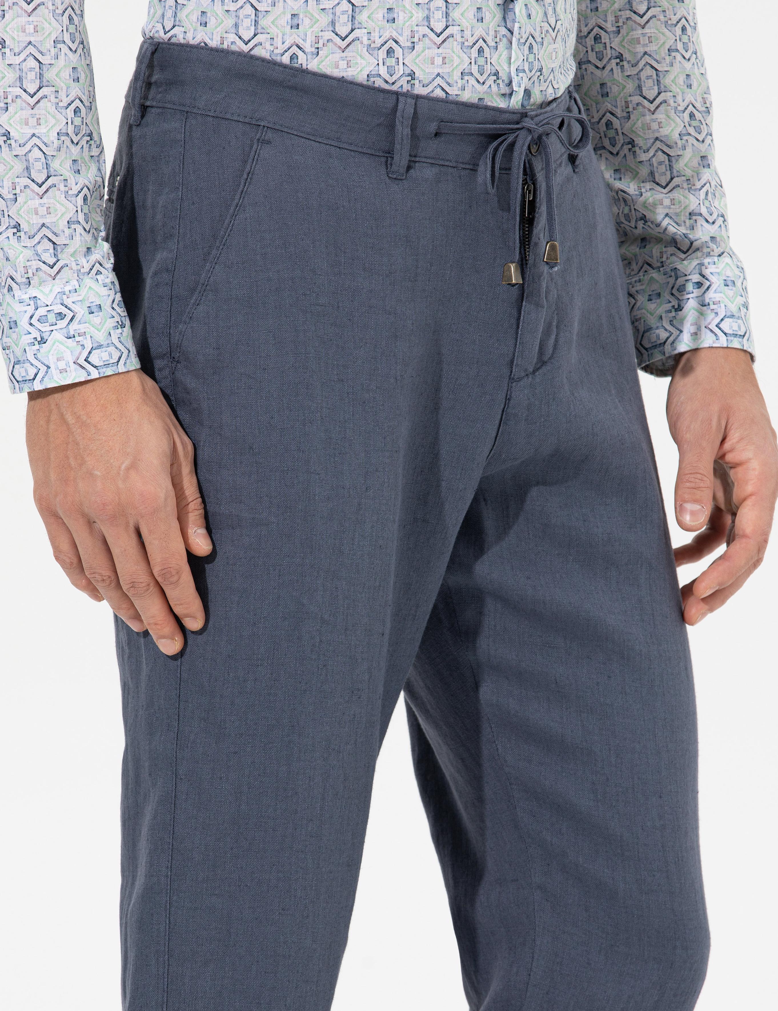 Koyu mavi Carrot Fit %100 Keten Chino Pantolon