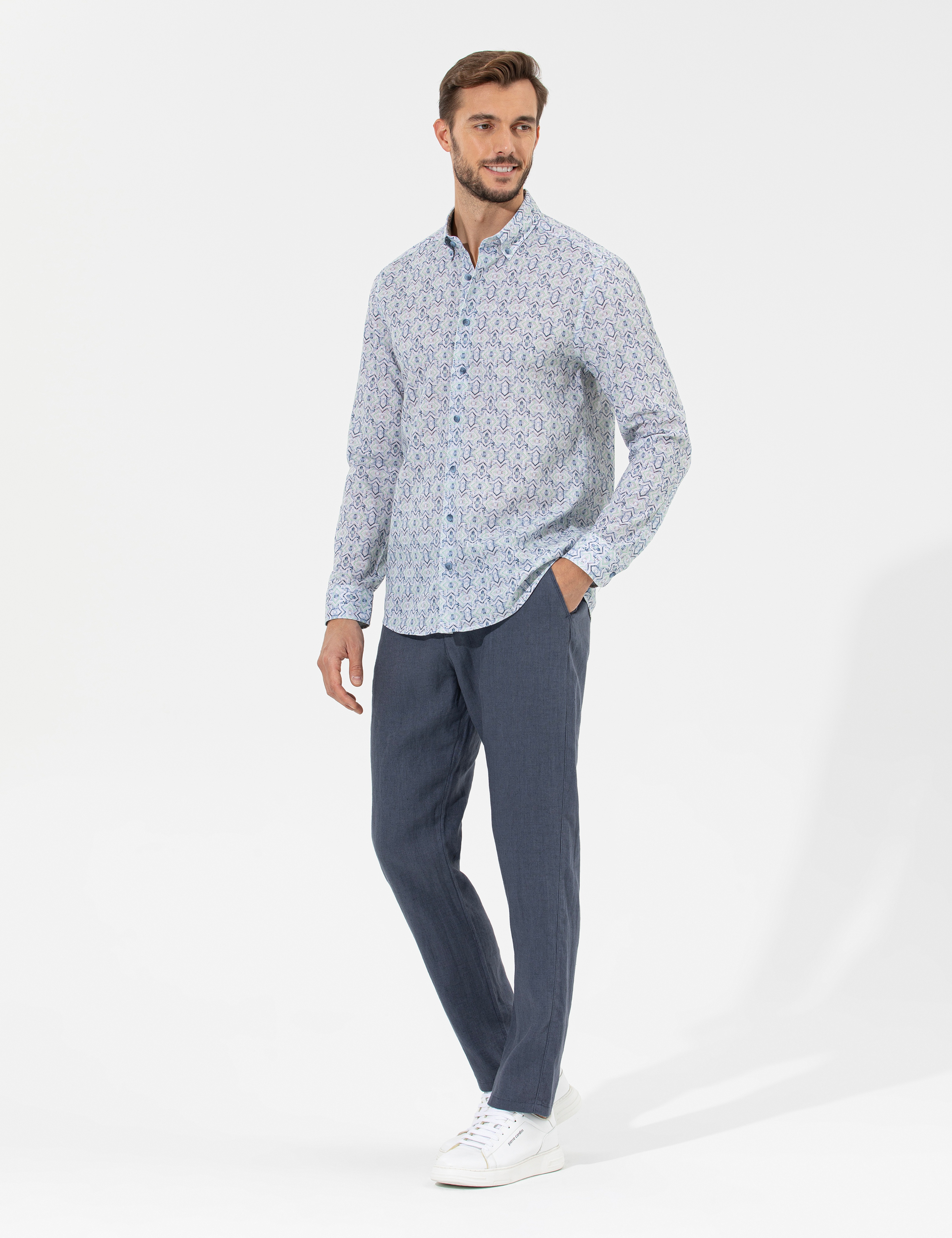 Koyu mavi Carrot Fit %100 Keten Chino Pantolon - Image 3