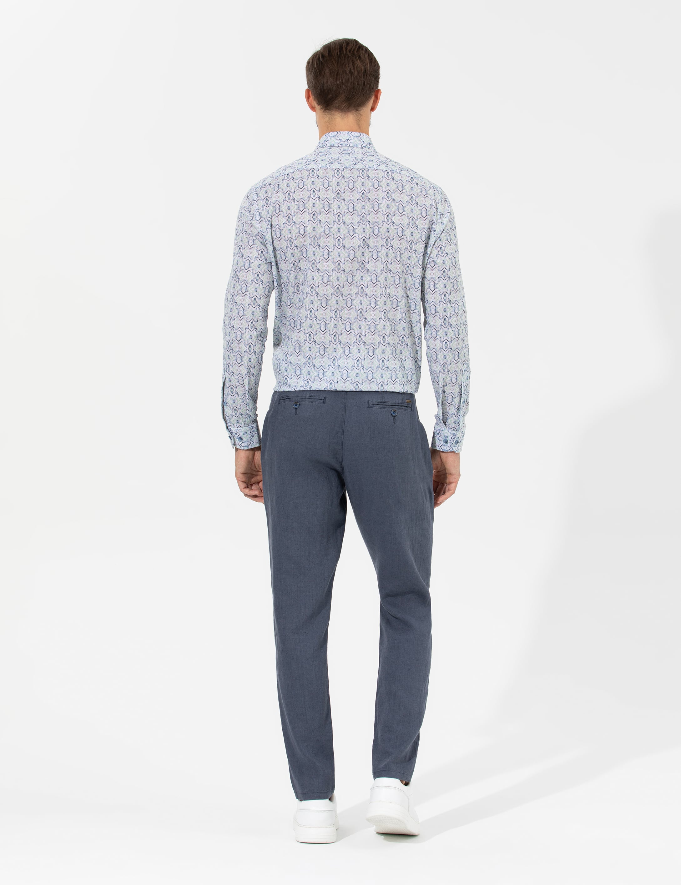 Koyu mavi Carrot Fit %100 Keten Chino Pantolon