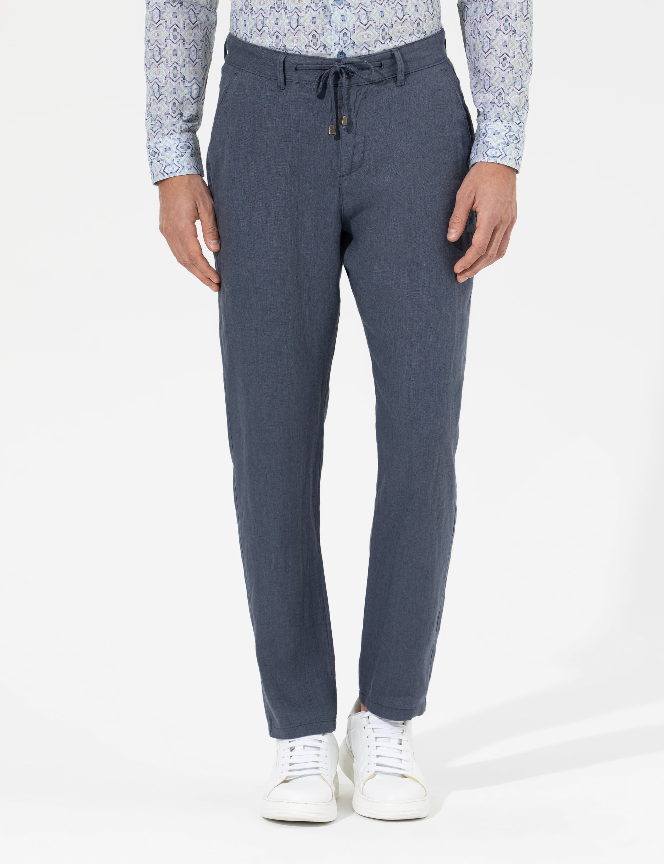 Koyu mavi Carrot Fit %100 Keten Chino Pantolon