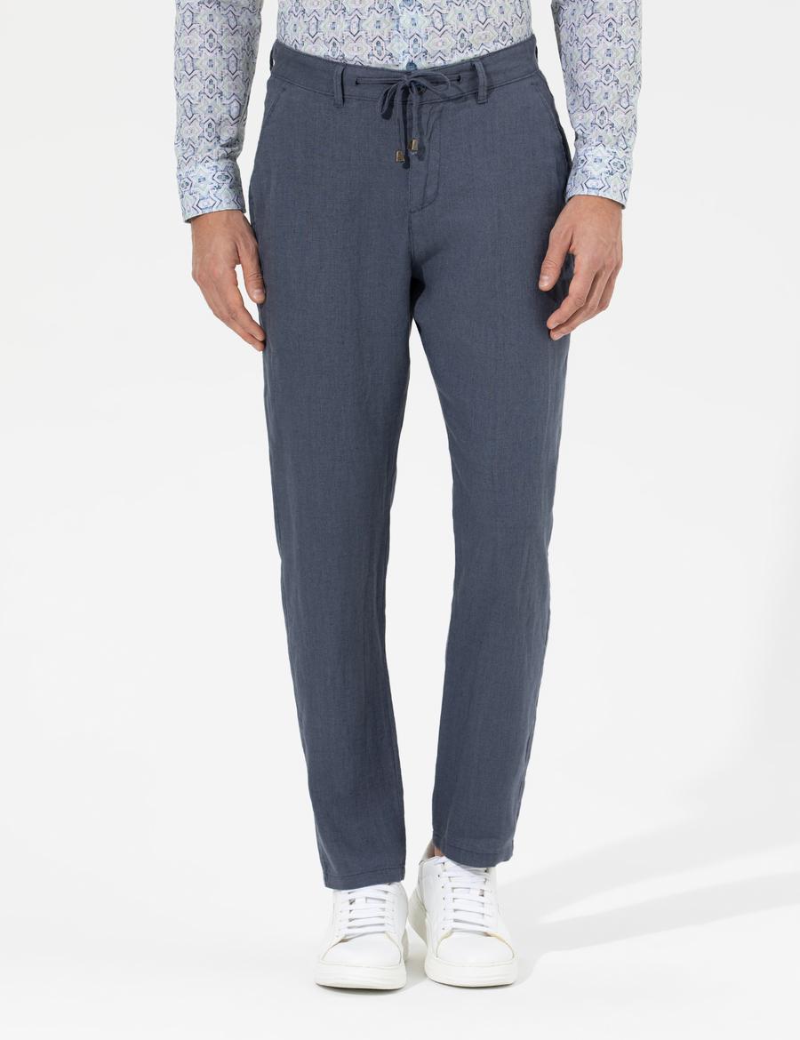 Koyu mavi Carrot Fit %100 Keten Chino Pantolon