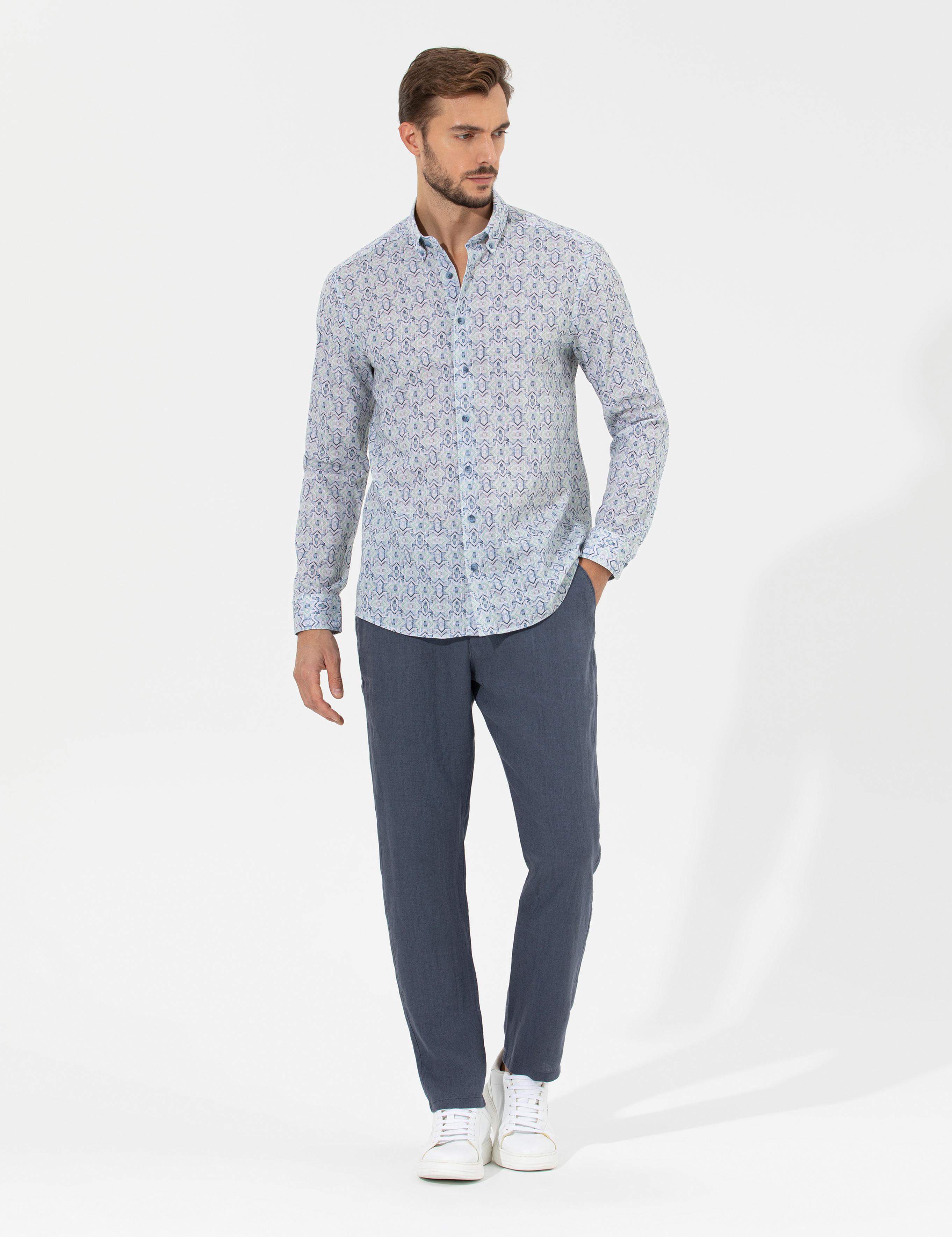 Koyu mavi Carrot Fit %100 Keten Chino Pantolon