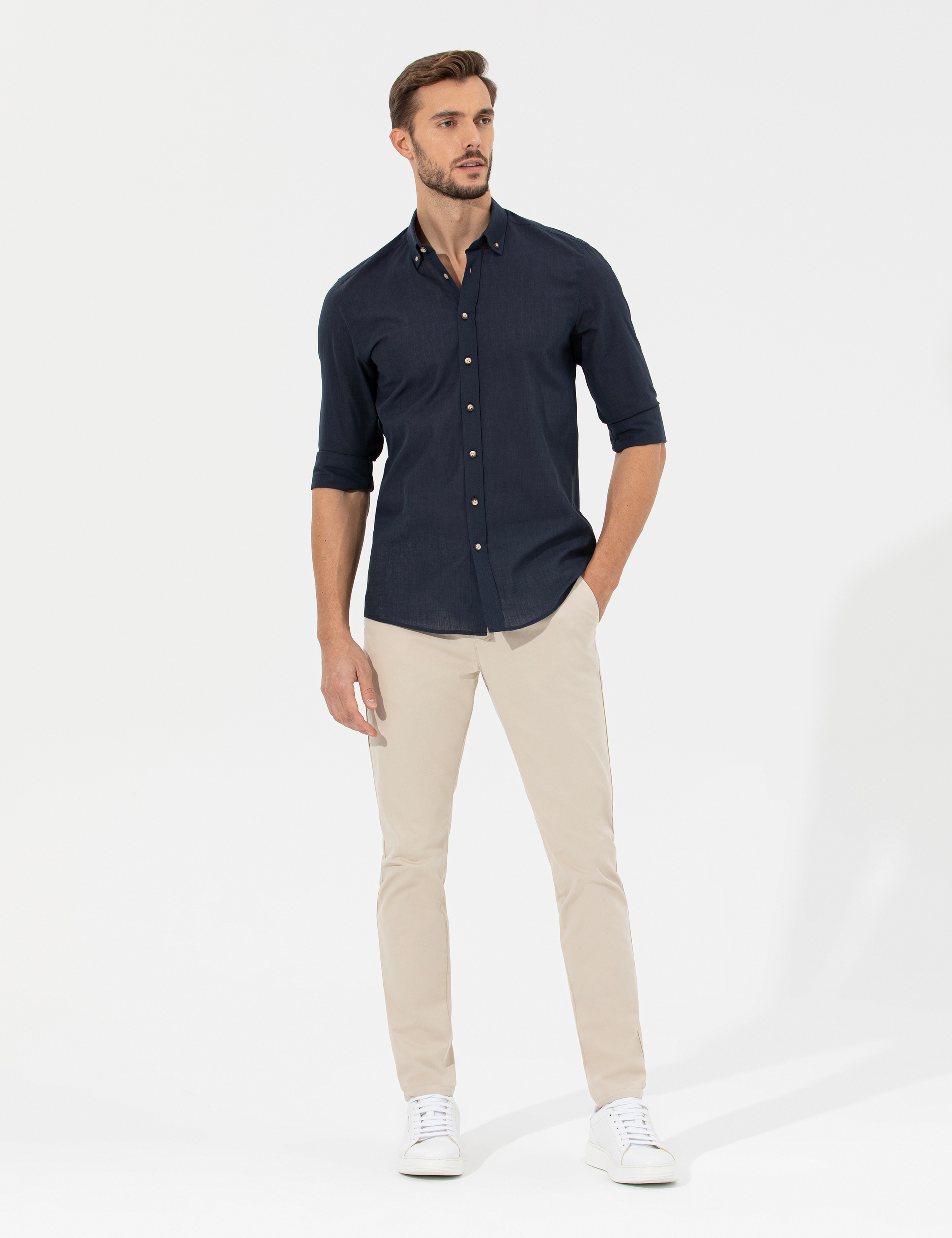 Bej Slim Fit Kanvas Pantolon