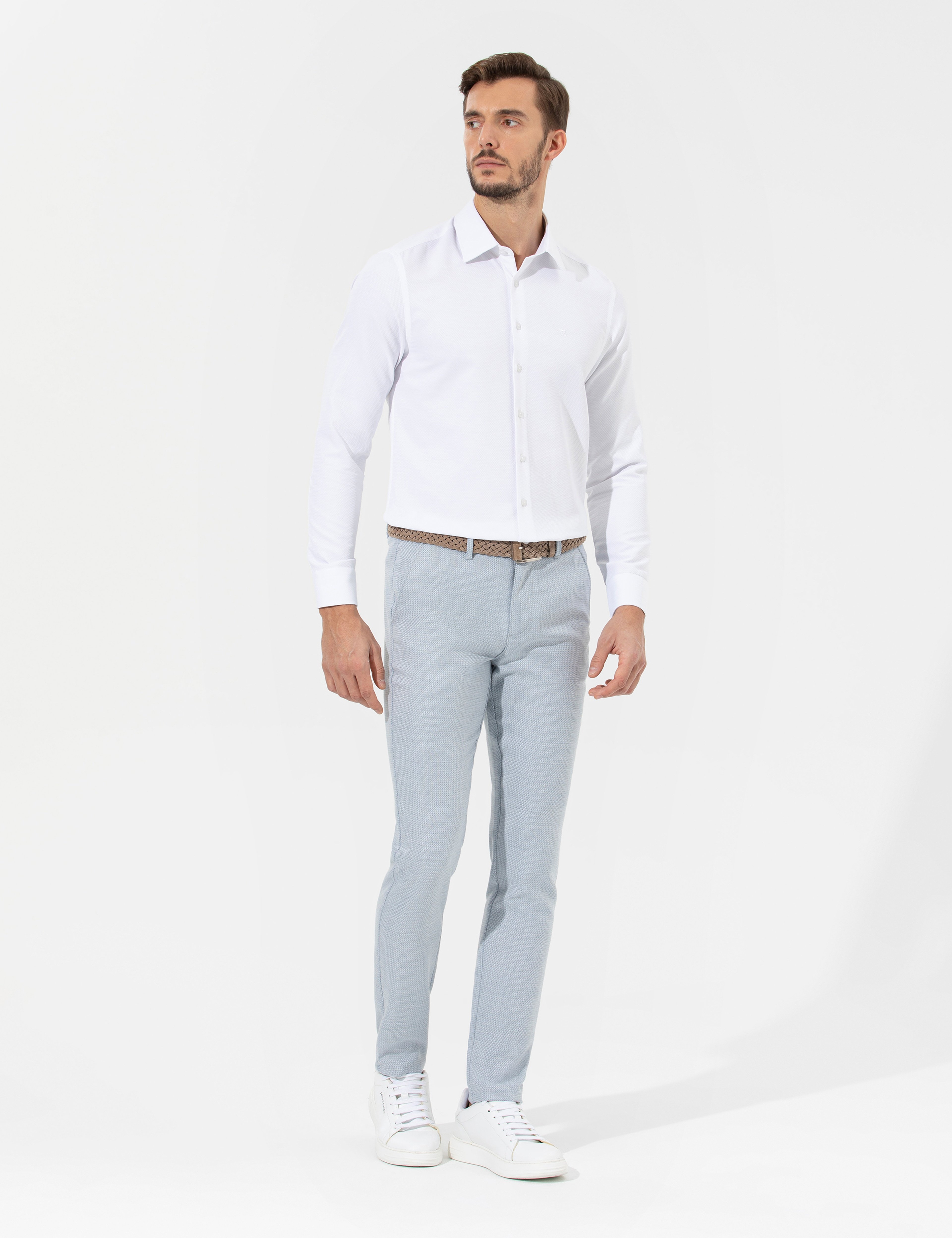 Açık Mavi Slim Fit Beli Lastikli Kanvas Pantolon - Image 1