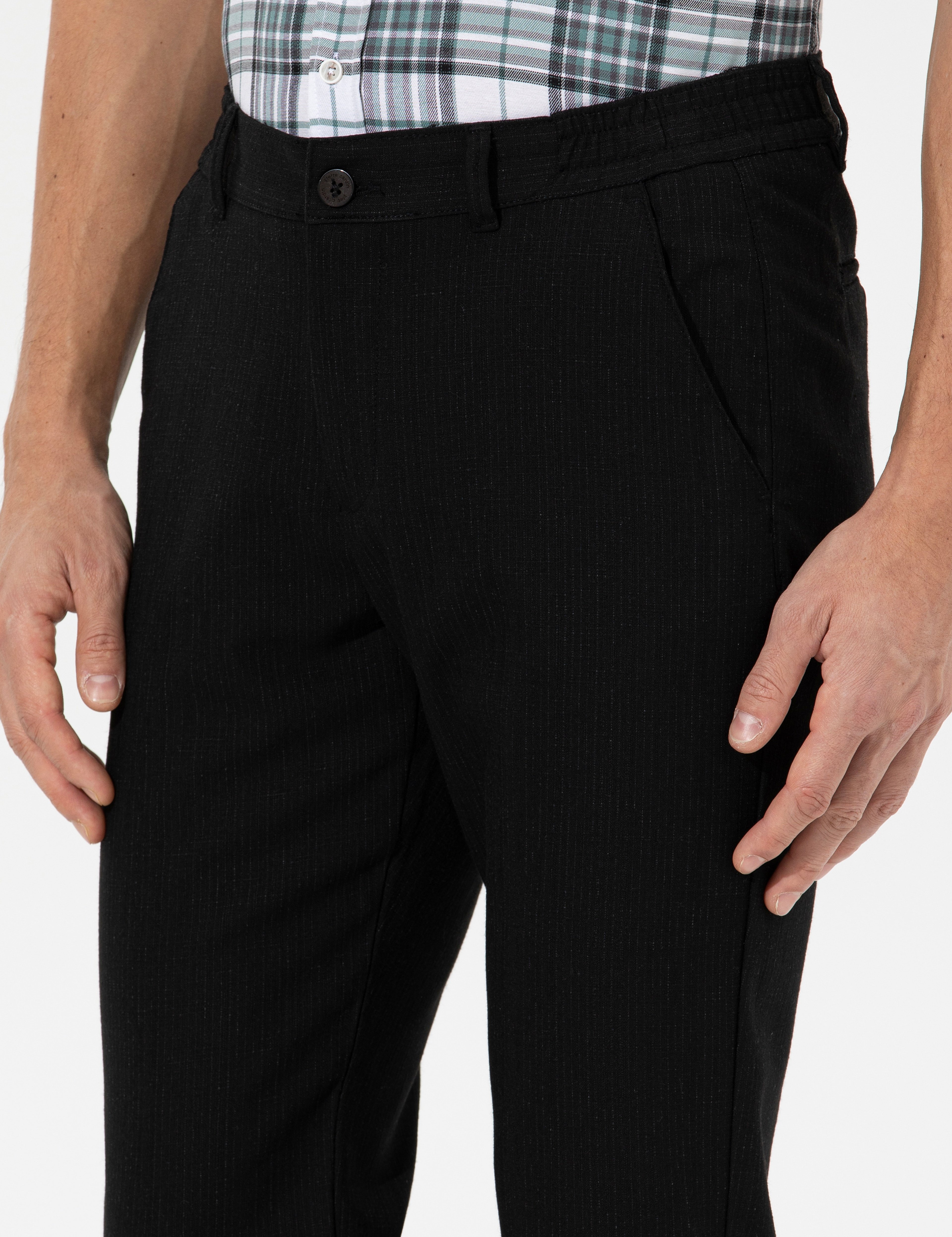 Siyah Slim Fit Beli Lastikli Kanvas Pantolon - Image 3