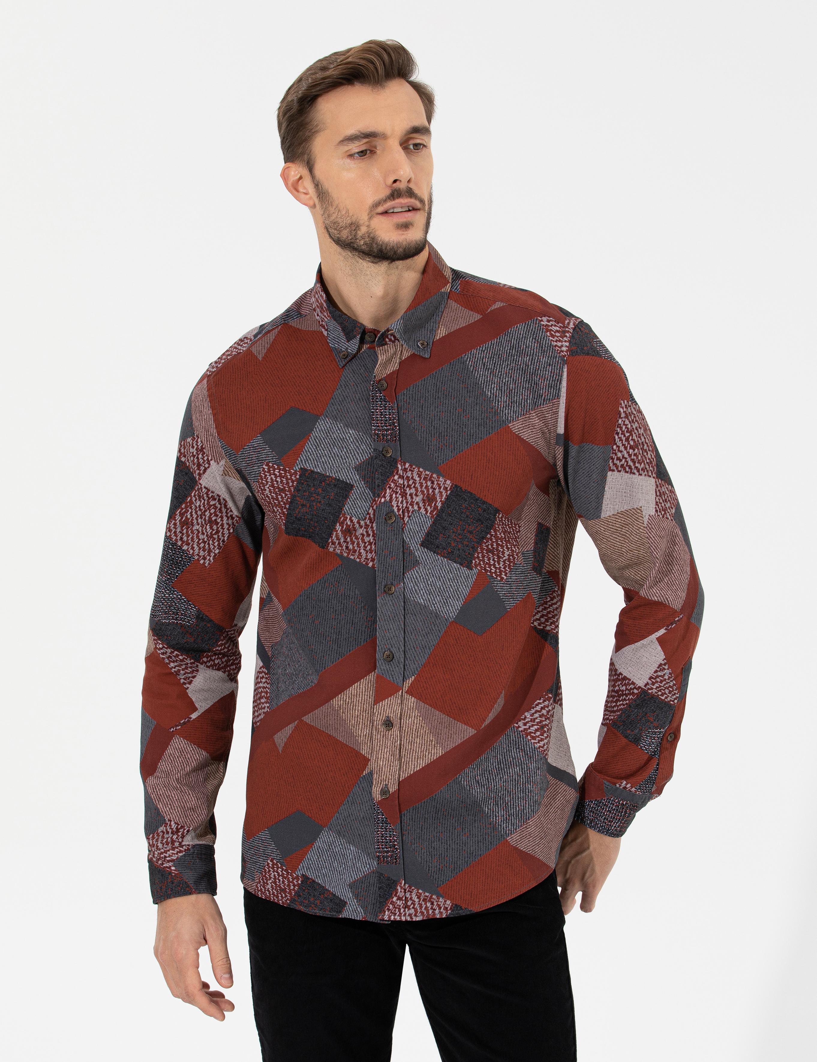 Turuncu Slim Fit Uzun Kollu Gömlek