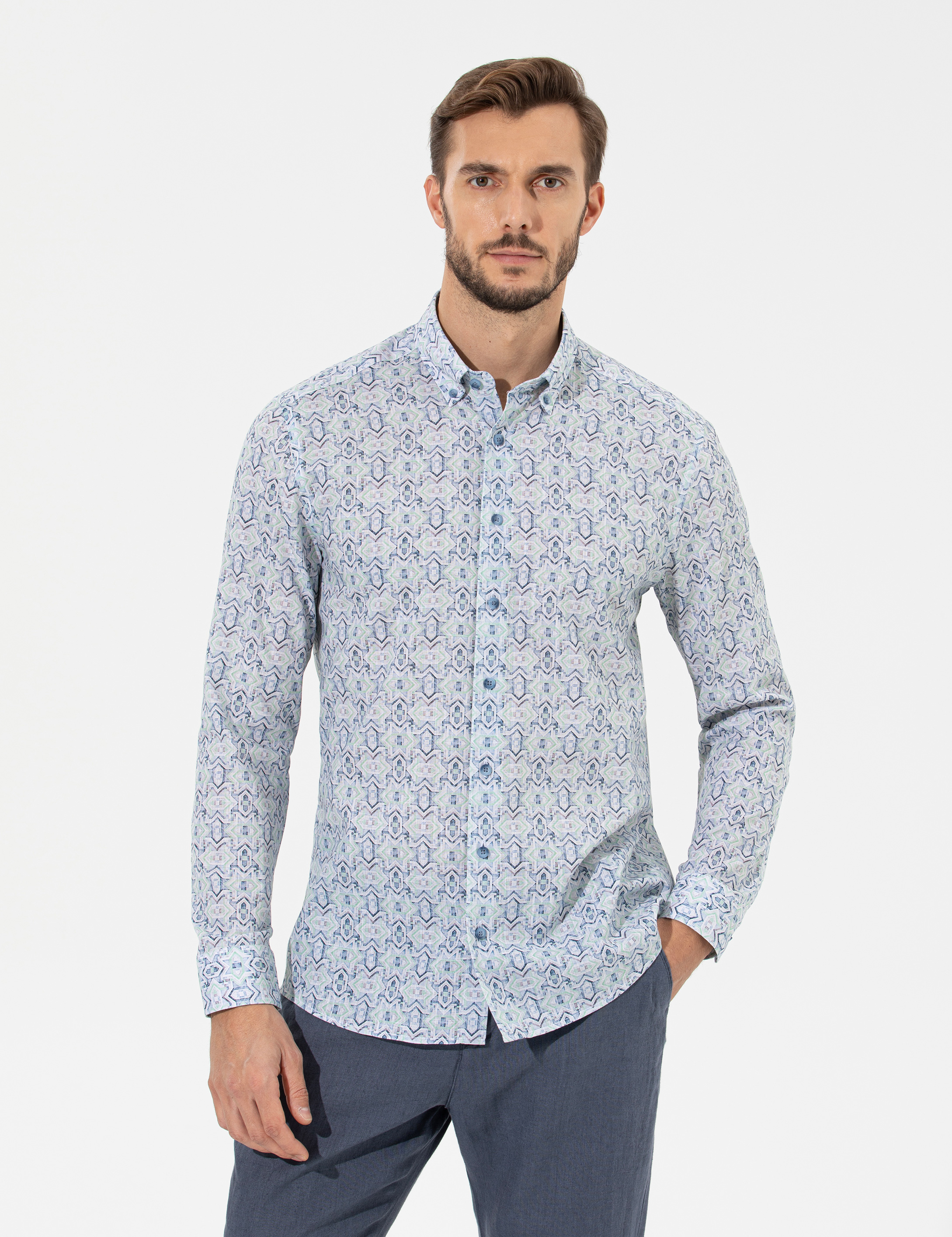 Açık Yeşil Regular Fit Uzun Kollu Gömlek - Image 1