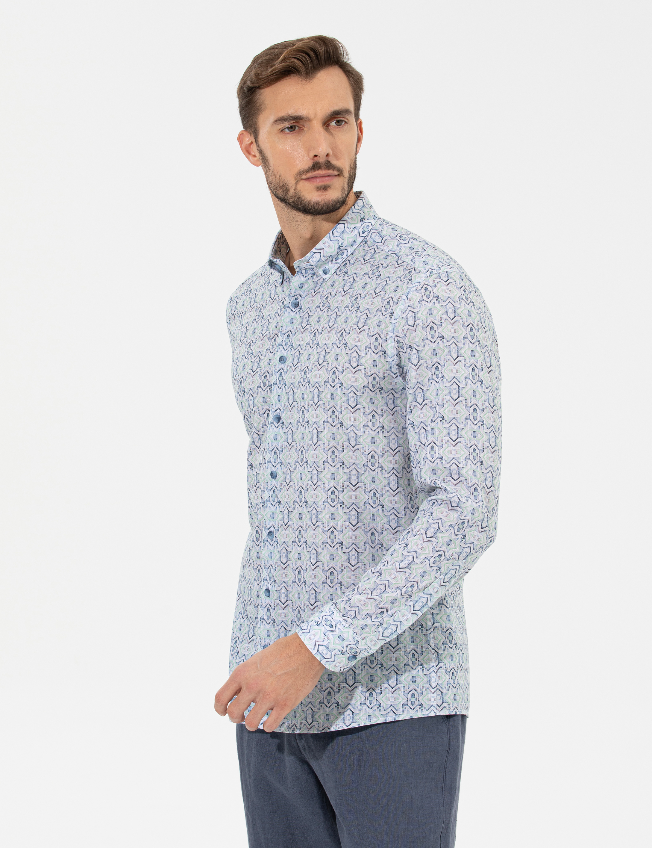 Açık Yeşil Regular Fit Uzun Kollu Gömlek - Image 3