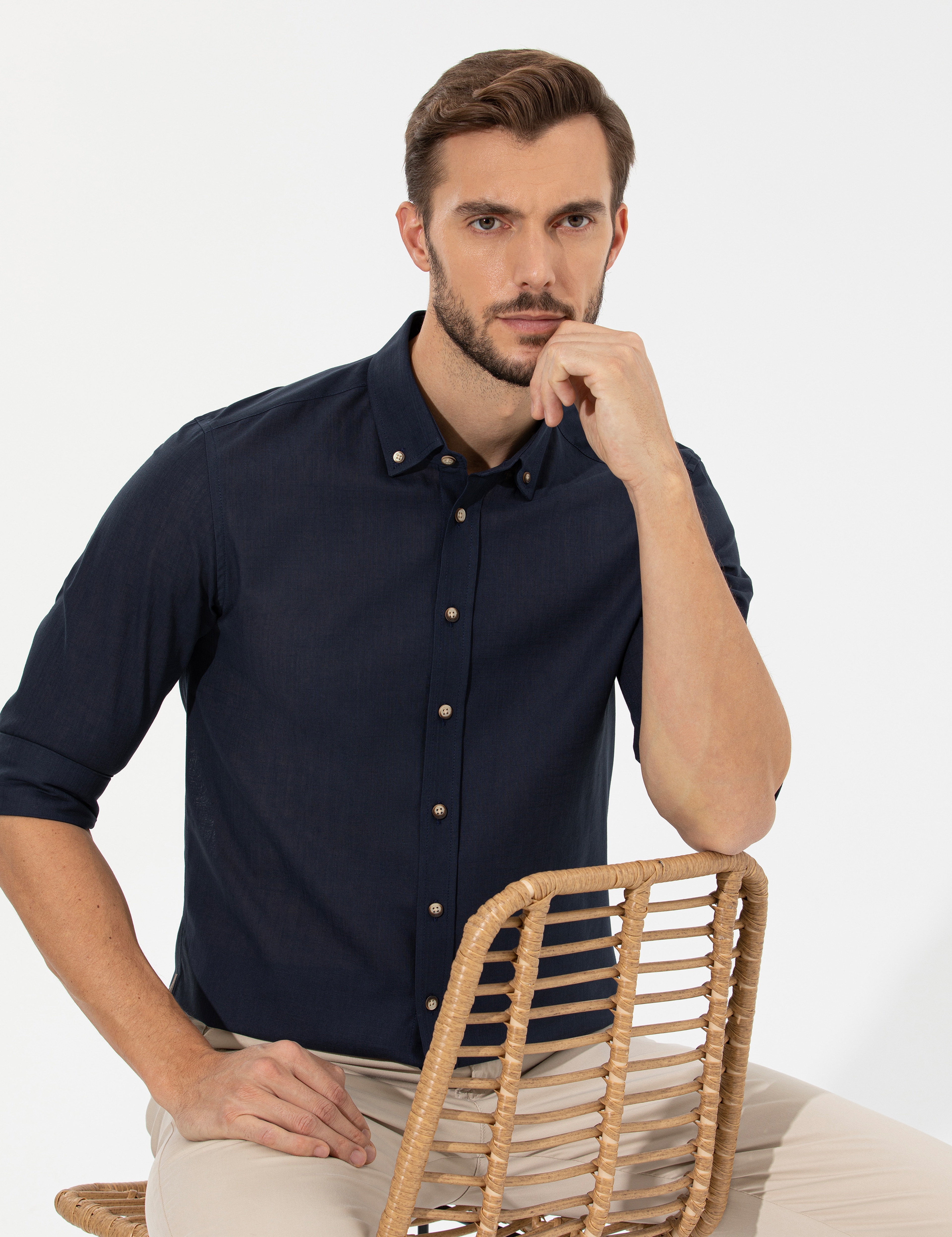 Lacivert Slim Fit Uzun Kollu Gömlek - Image 1