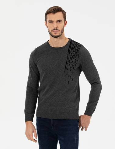 Gri Melanj Slim Fit Bisiklet Yaka Triko Kazak