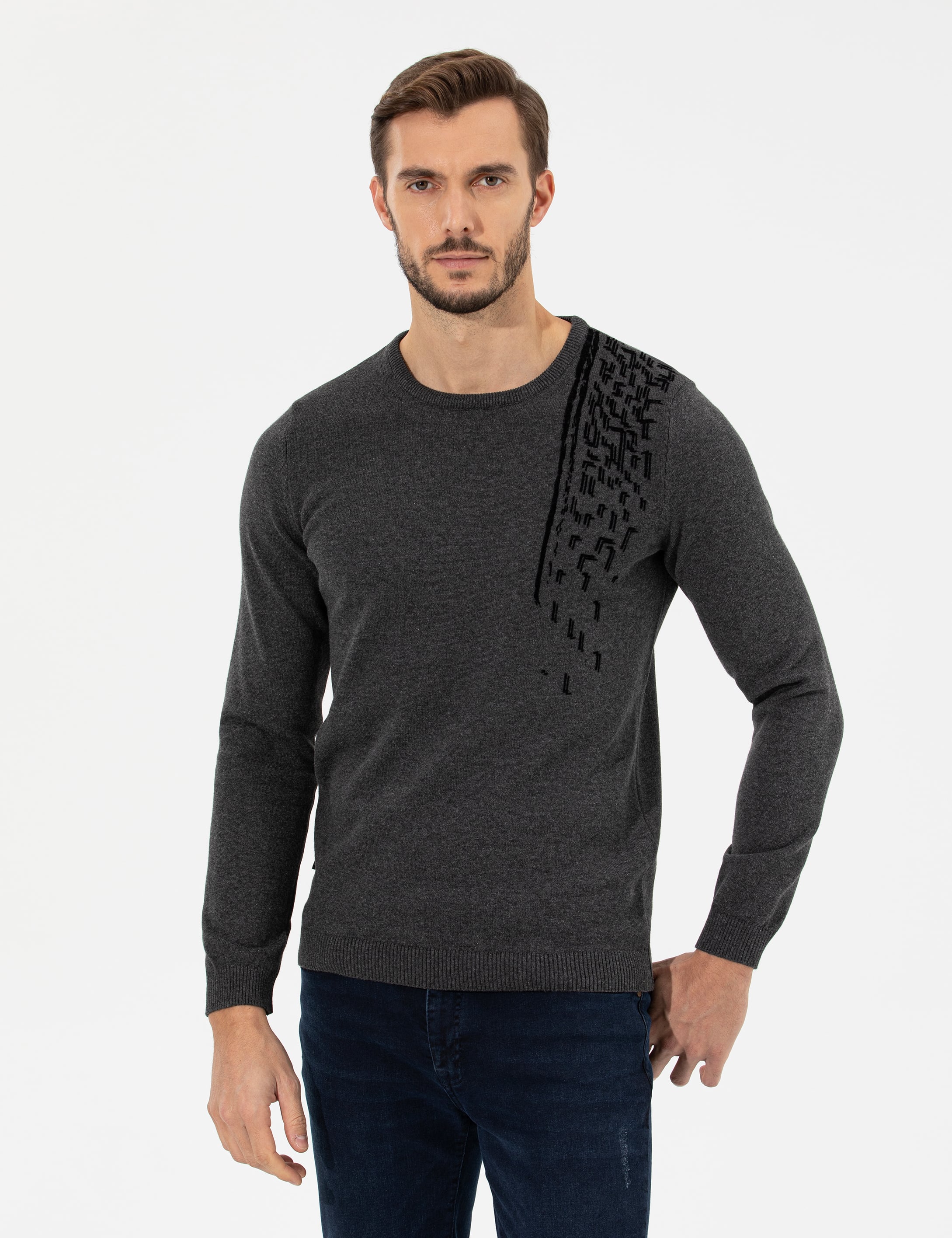 Gri Melanj Slim Fit Bisiklet Yaka Triko Kazak - Image 1