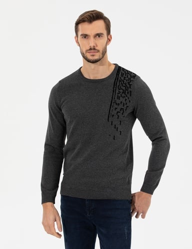 Gri Melanj Slim Fit Bisiklet Yaka Triko Kazak