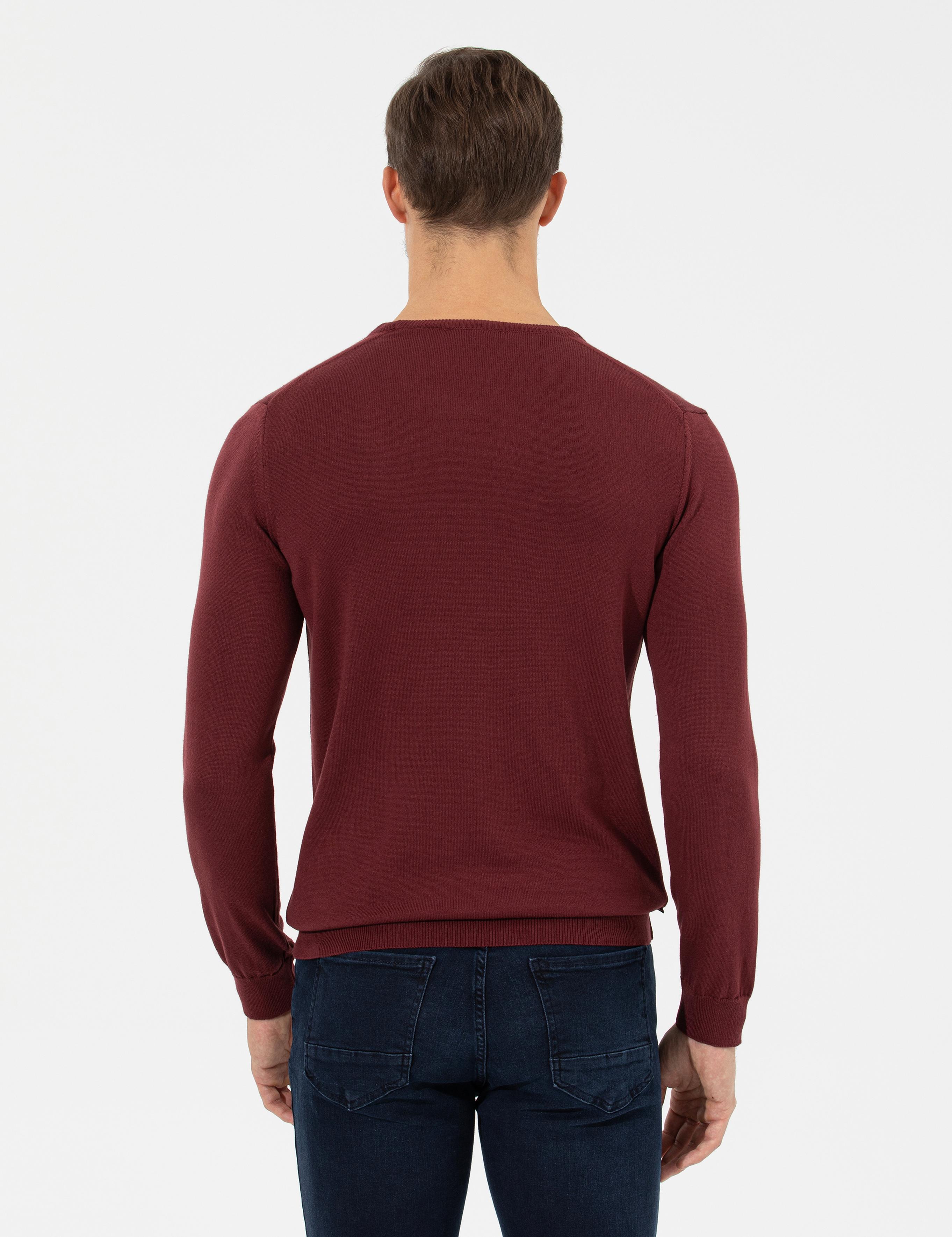 Bordo Slim Fit Bisiklet Yaka Basic Triko Kazak