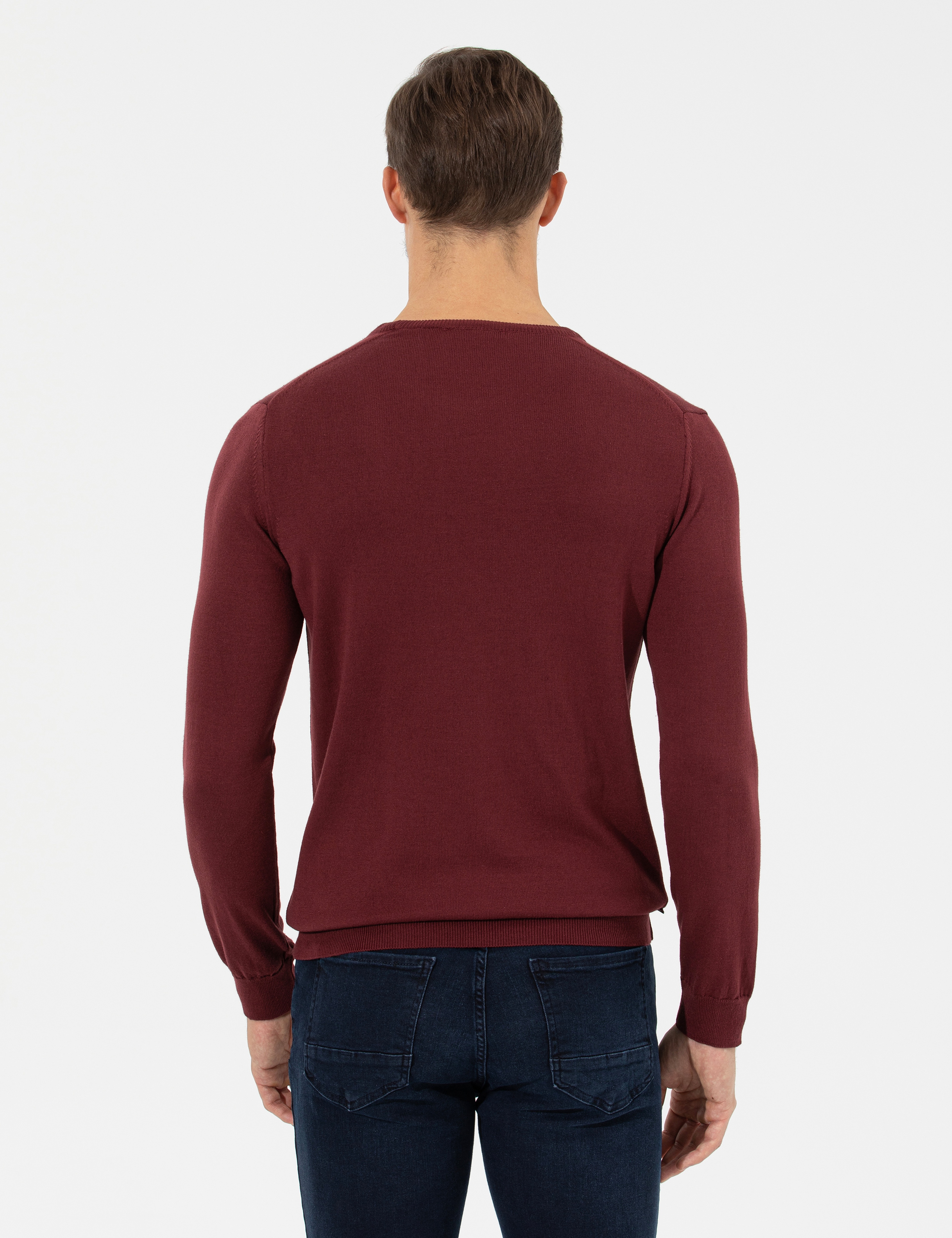Bordo Slim Fit Bisiklet Yaka Basic Triko Kazak - Image 5