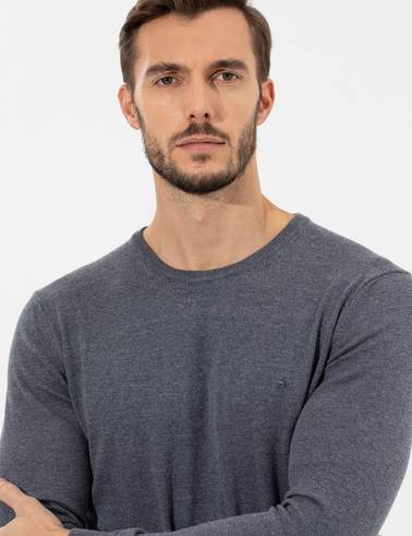 Gri Melanj Slim Fit Bisiklet Yaka Basic Triko Kazak