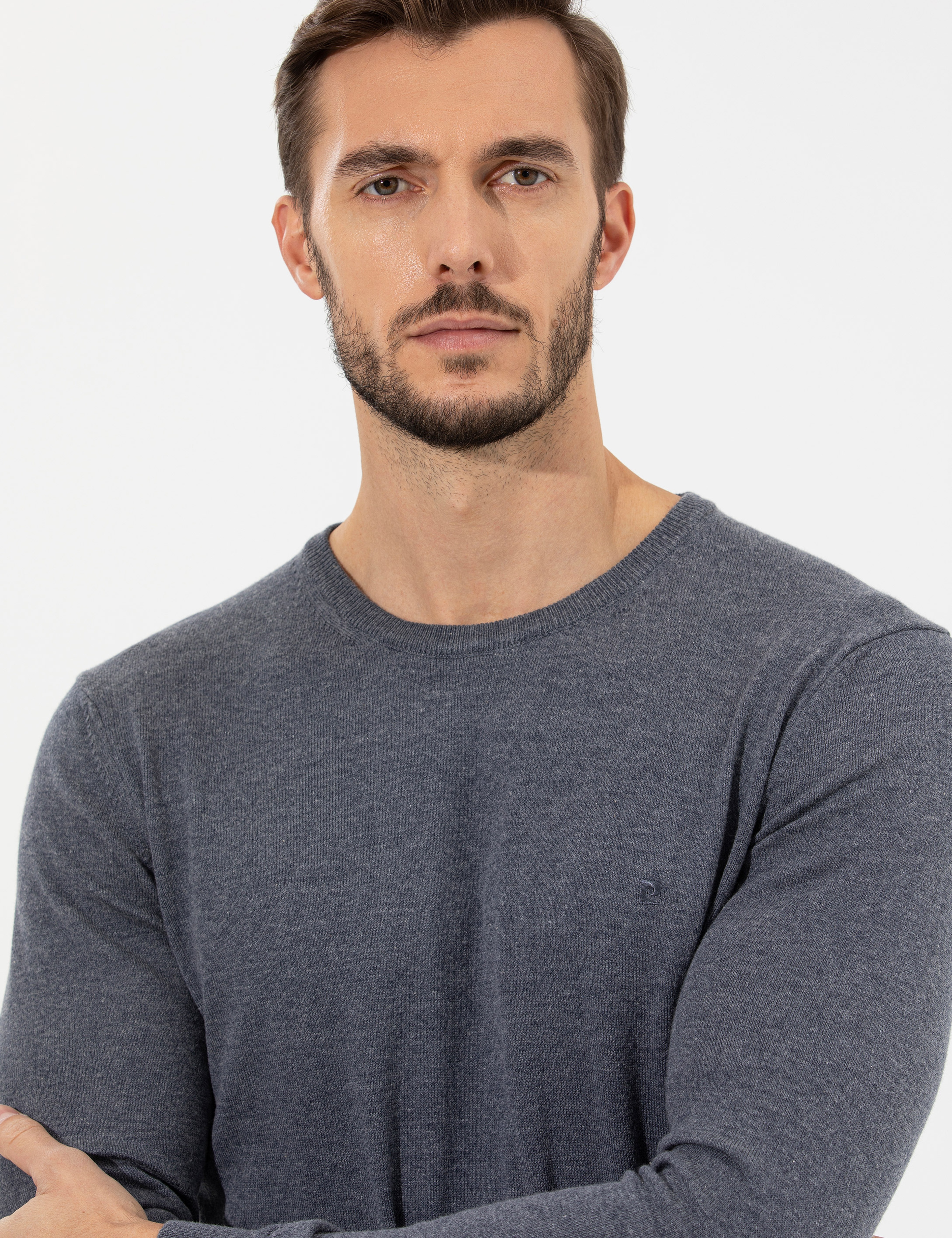 Gri Melanj Slim Fit Bisiklet Yaka Basic Triko Kazak - Image 2