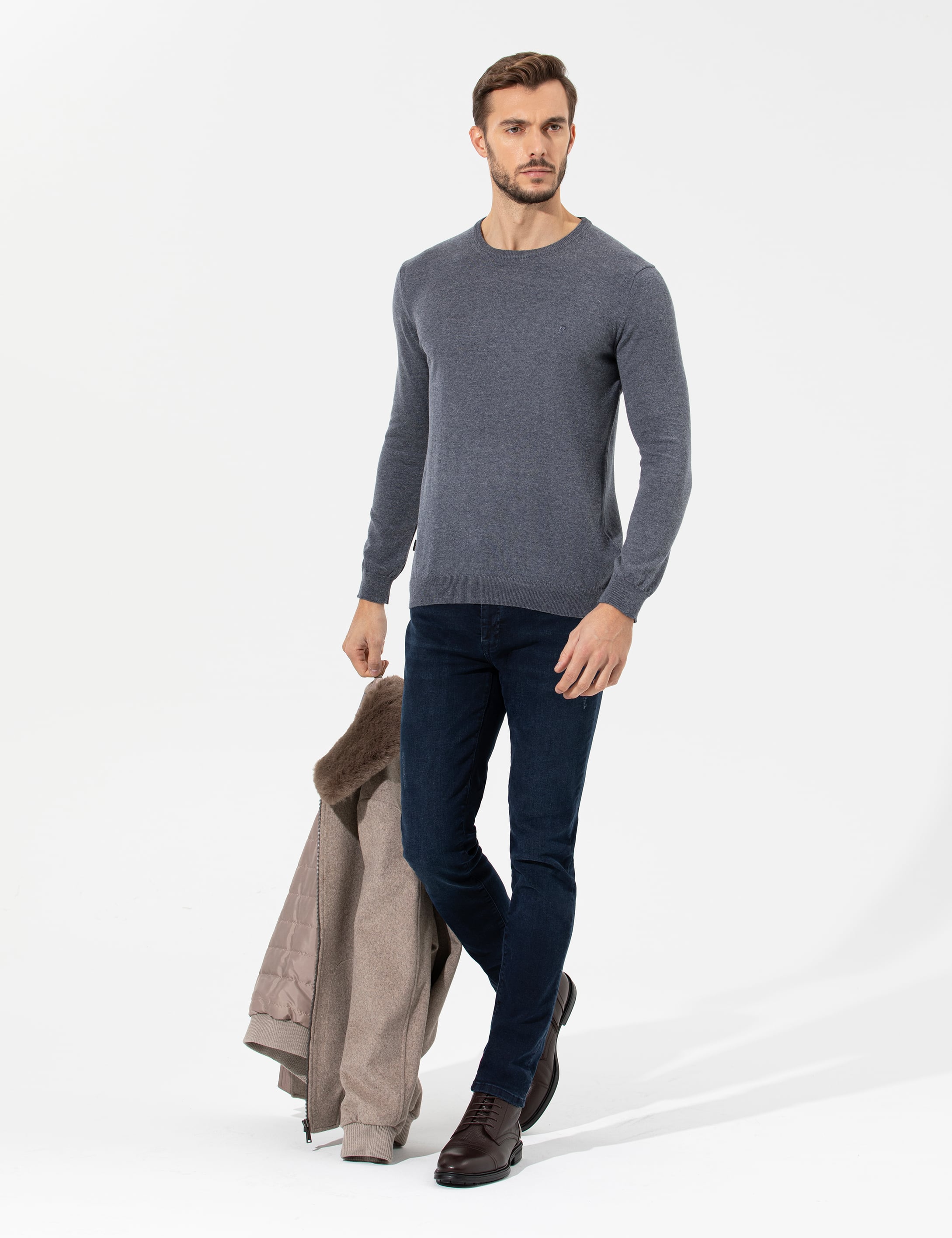 Gri Melanj Slim Fit Bisiklet Yaka Basic Triko Kazak