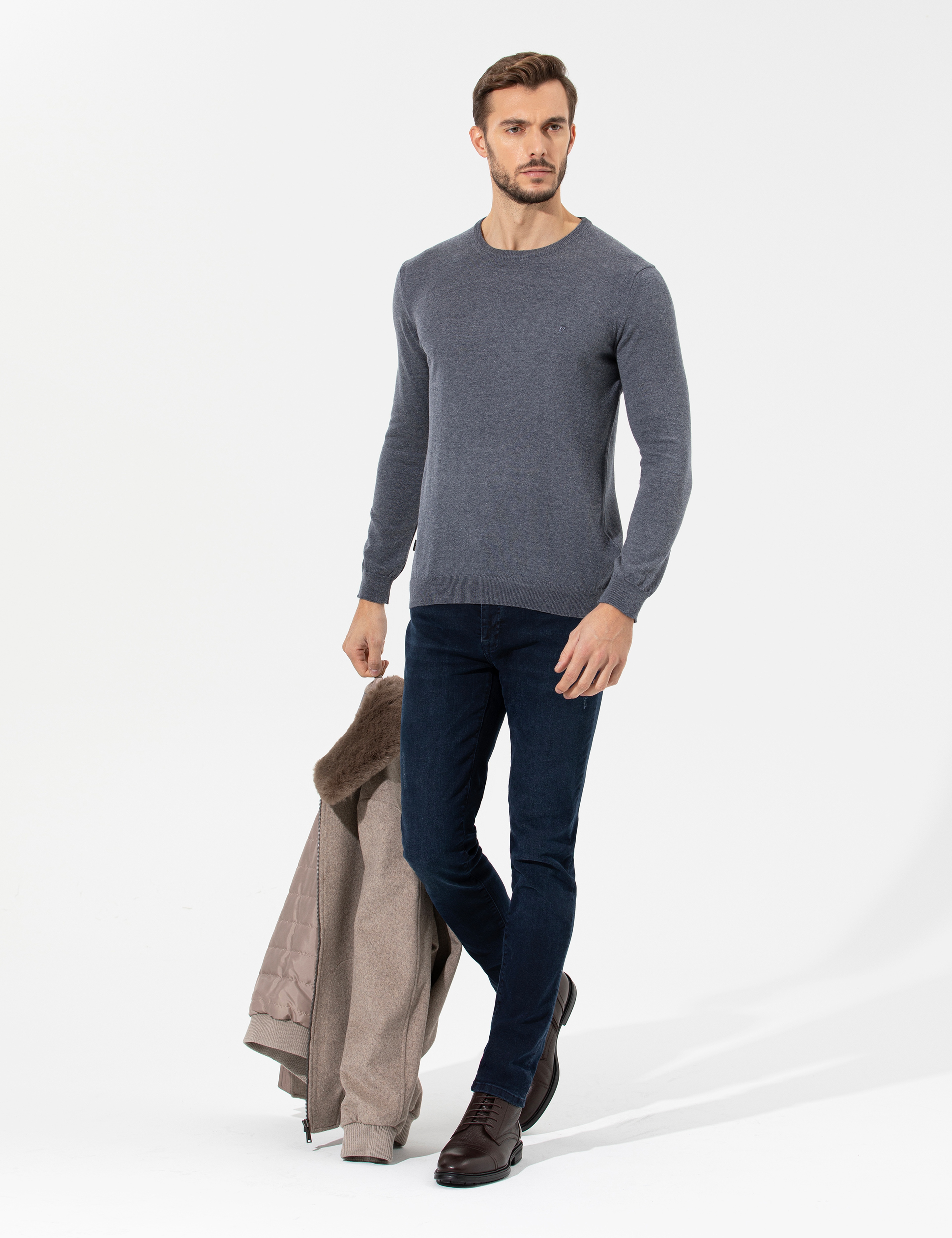 Gri Melanj Slim Fit Bisiklet Yaka Basic Triko Kazak