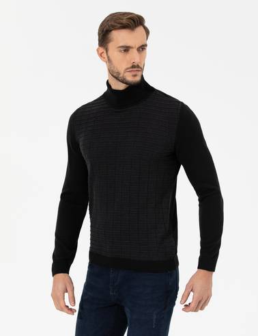 Siyah Slim Fit Balıkçı Yaka Triko Kazak