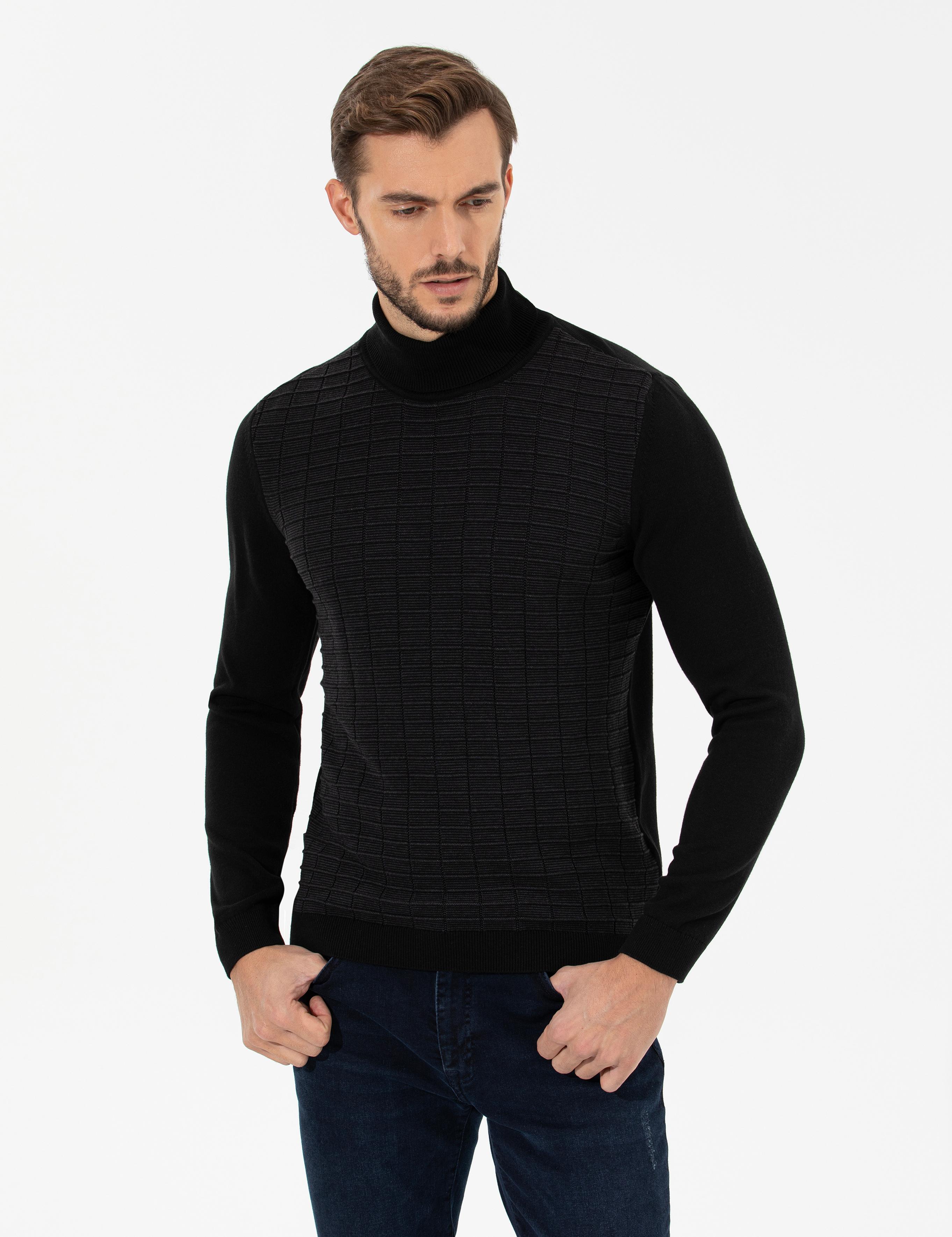 Siyah Slim Fit Balıkçı Yaka Triko Kazak