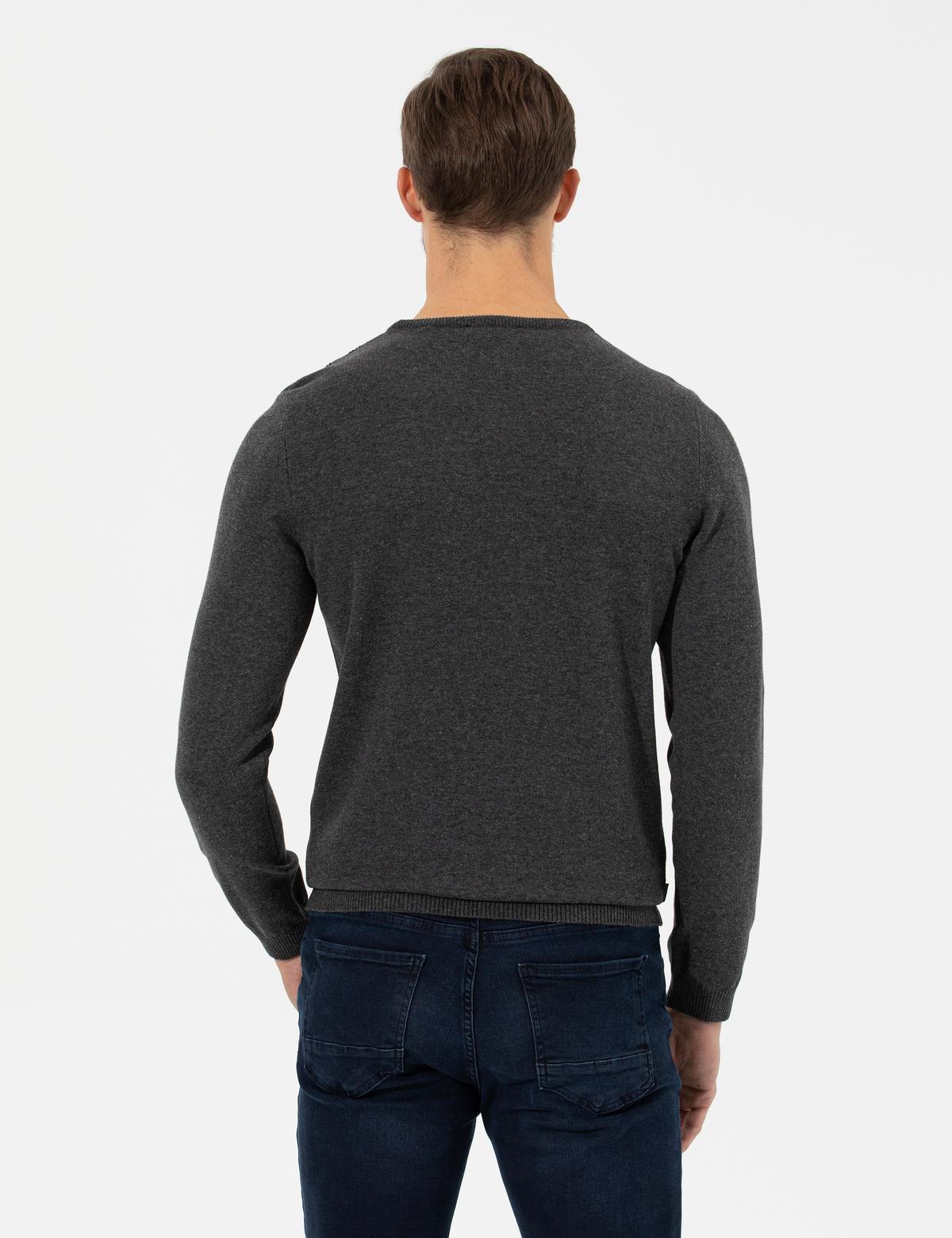 Gri Melanj Slim Fit Bisiklet Yaka Triko Kazak - 50258795023