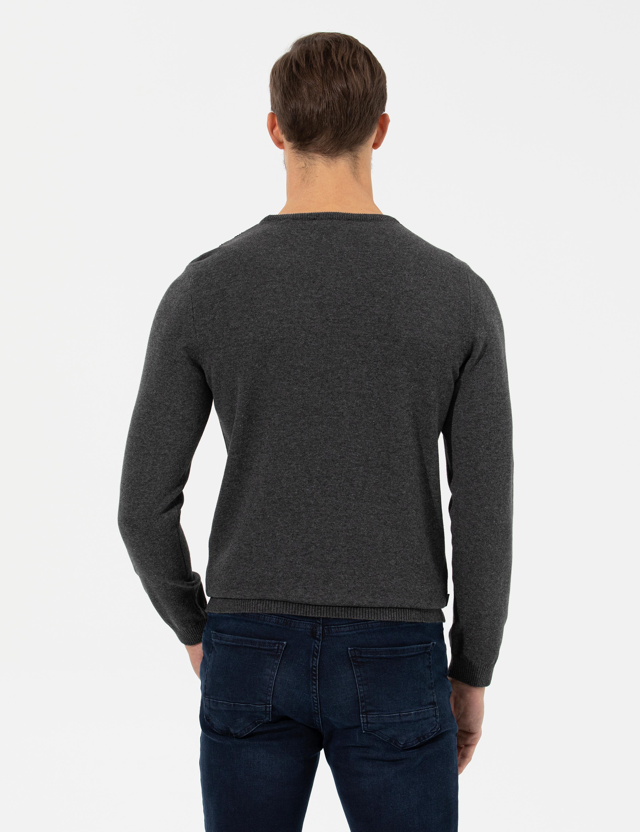 Gri Melanj Slim Fit Bisiklet Yaka Triko Kazak