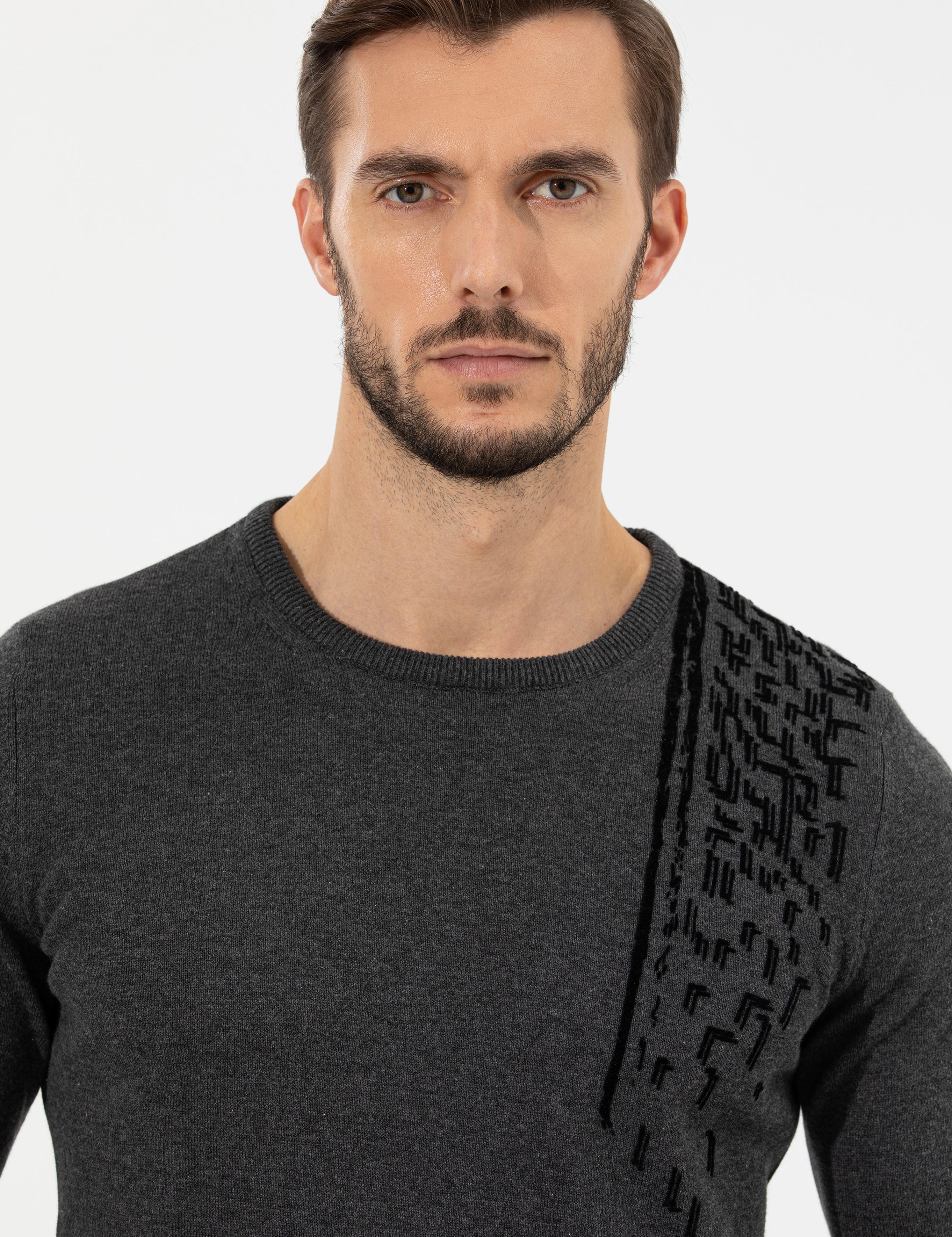 Gri Melanj Slim Fit Bisiklet Yaka Triko Kazak