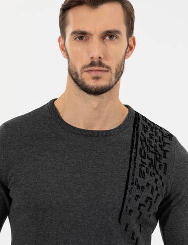 Gri Melanj Slim Fit Bisiklet Yaka Triko Kazak