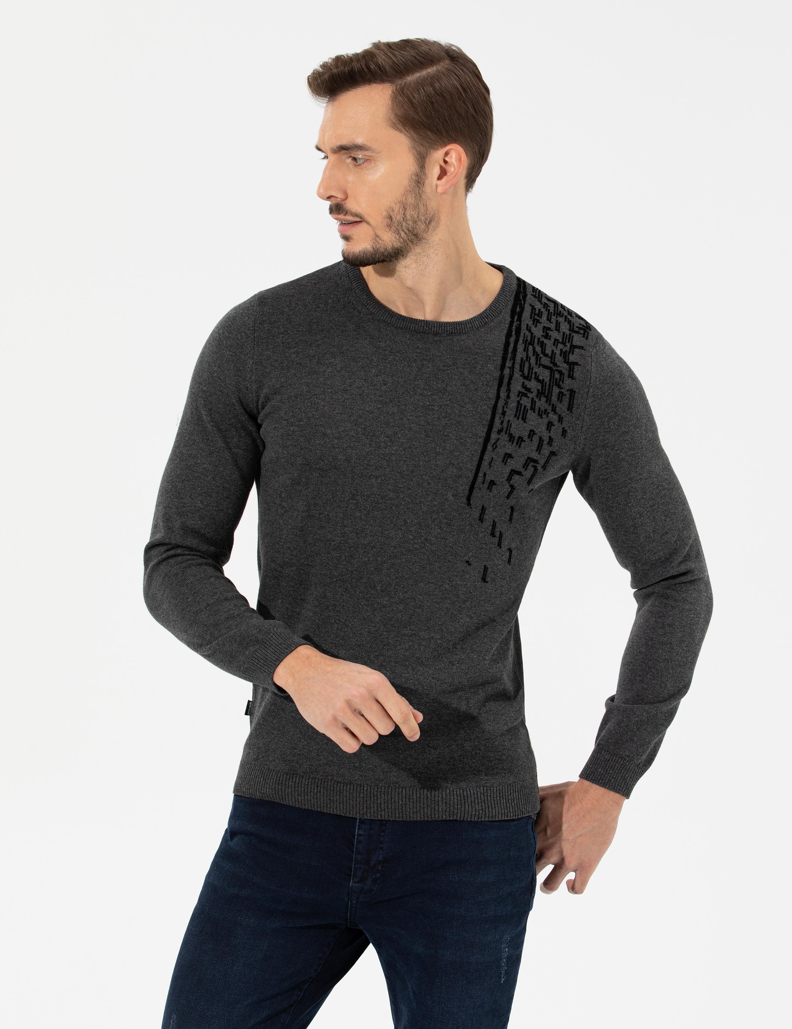 Gri Melanj Slim Fit Bisiklet Yaka Triko Kazak