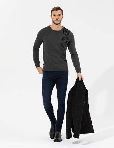 Gri Melanj Slim Fit Bisiklet Yaka Triko Kazak
