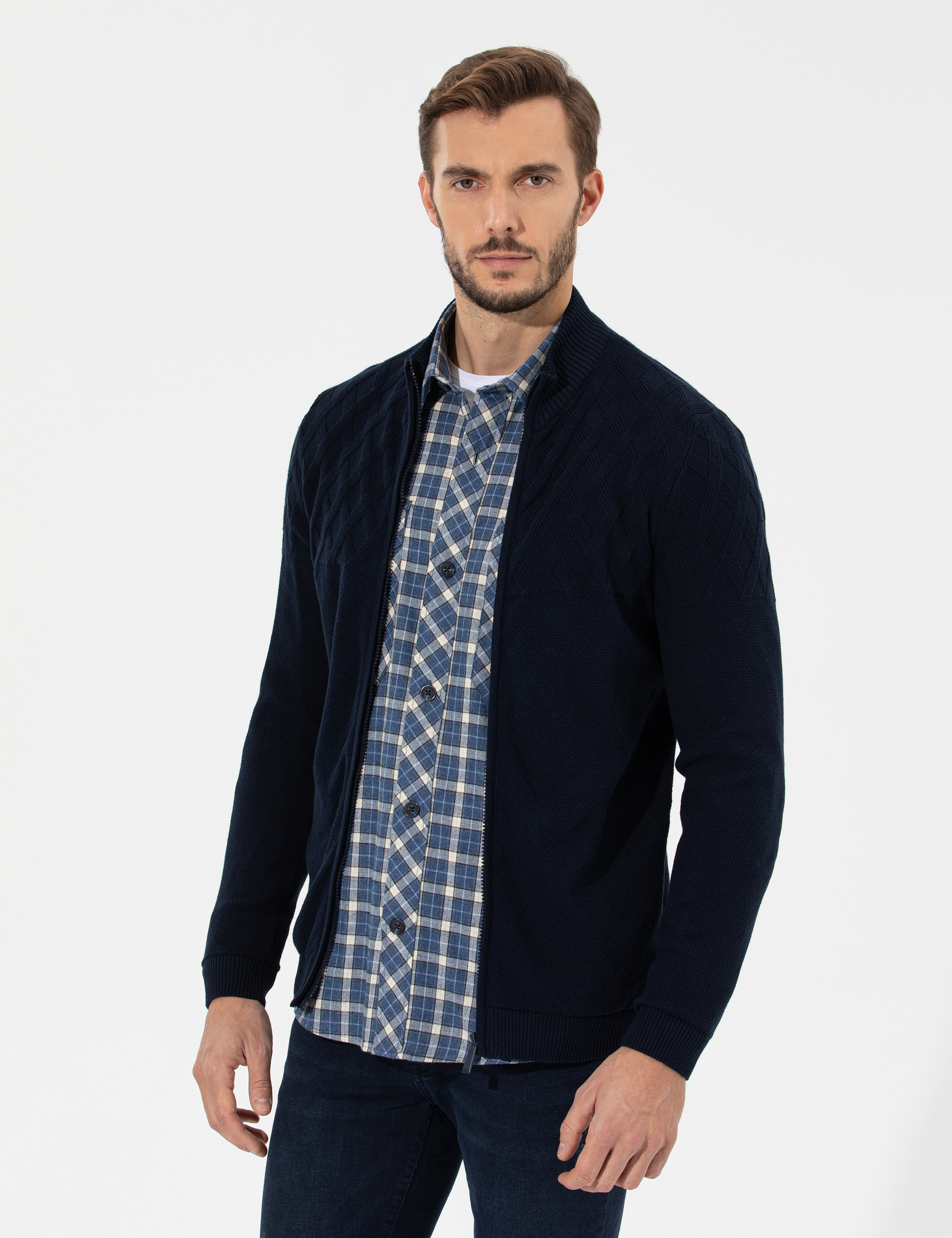 Lacivert Slim Fit Fermuarlı Triko Hırka - Image 1
