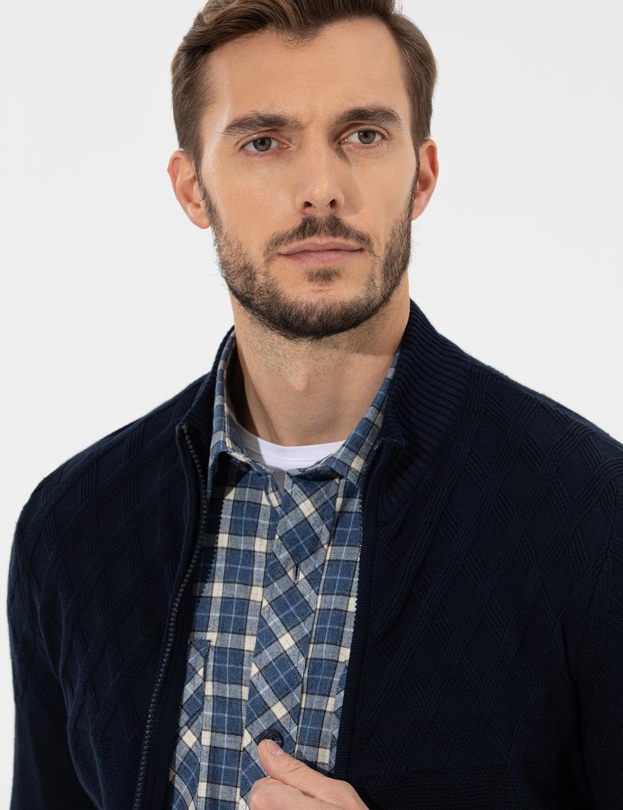 Lacivert Slim Fit Fermuarlı Triko Hırka