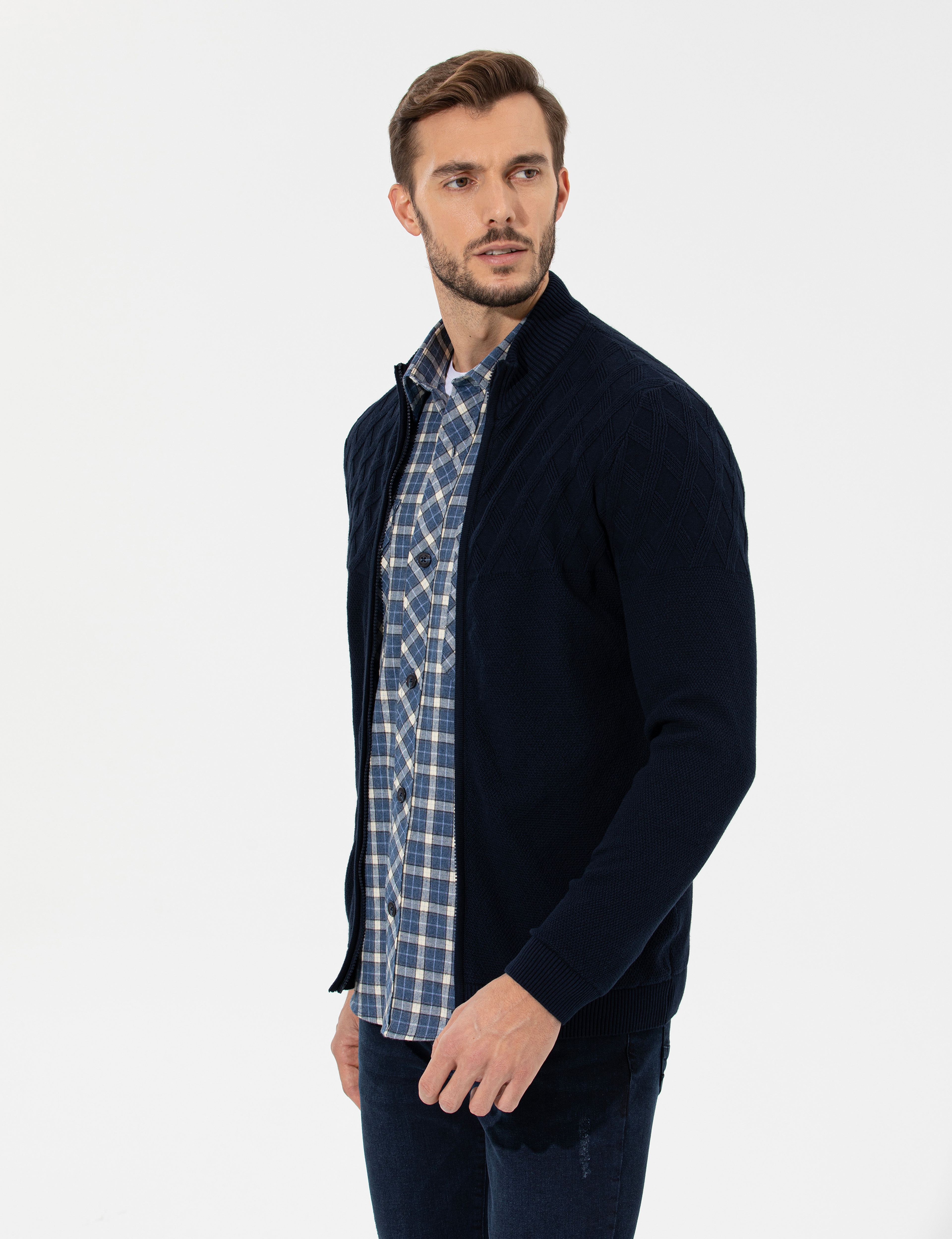 Lacivert Slim Fit Fermuarlı Triko Hırka