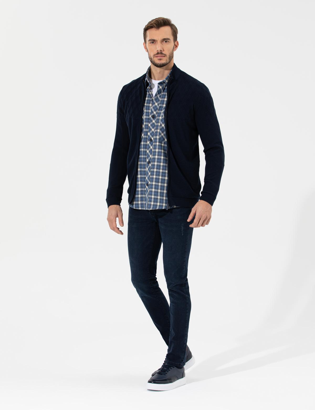 Lacivert Slim Fit Fermuarlı Triko Hırka - 50258802026
