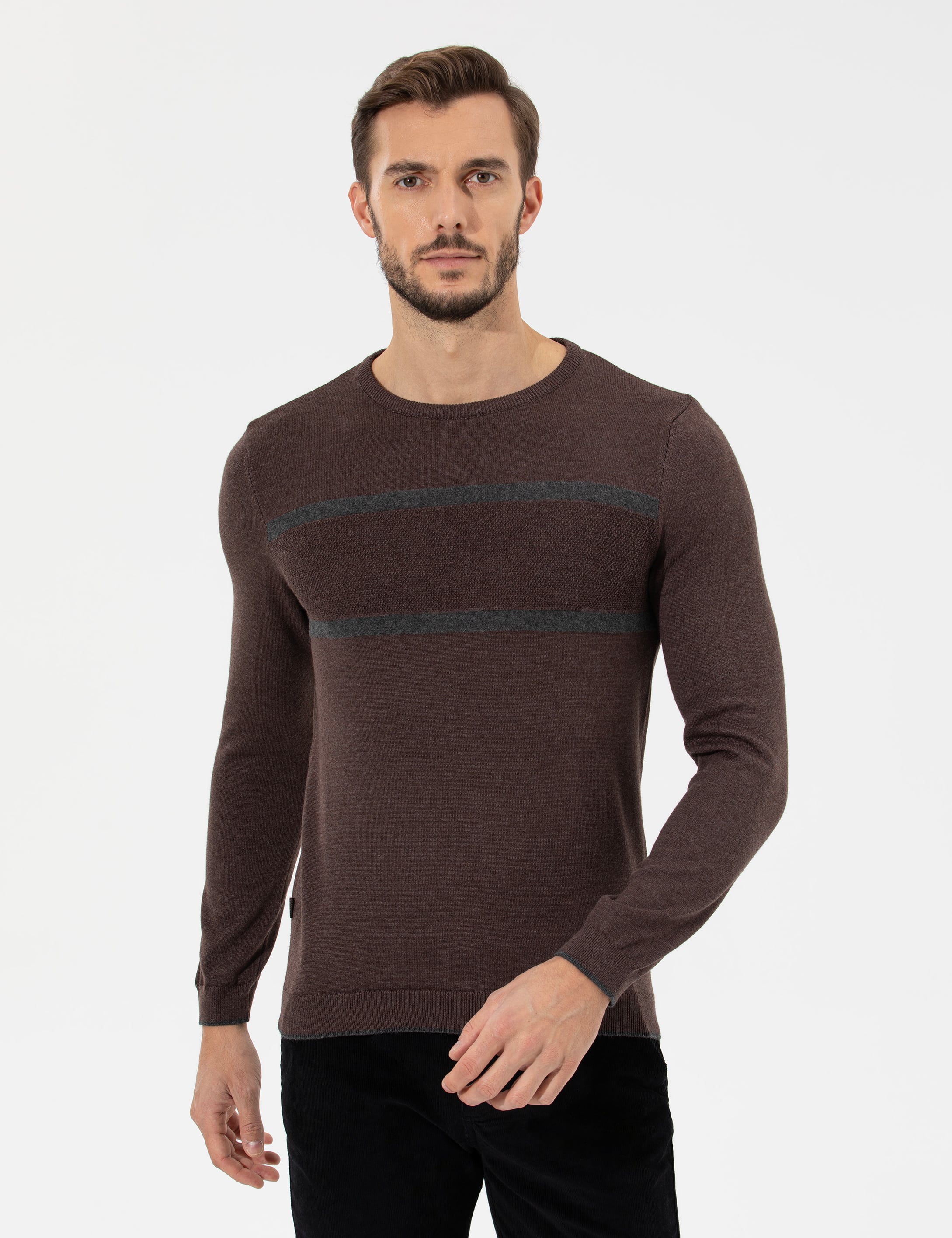 Açık Kahverengi Slim Fit Bisiklet Yaka Triko Kazak