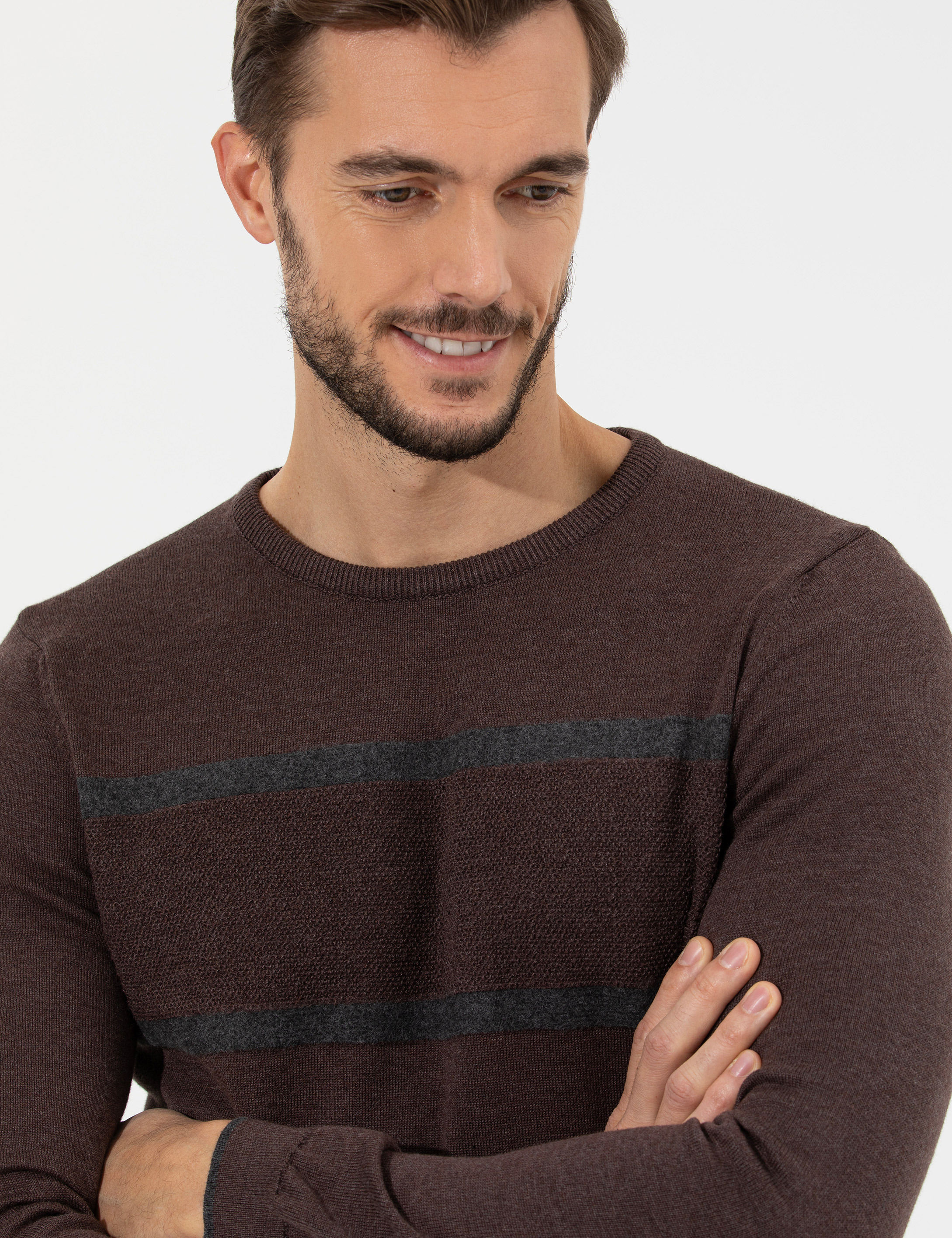 Açık Kahverengi Slim Fit Bisiklet Yaka Triko Kazak